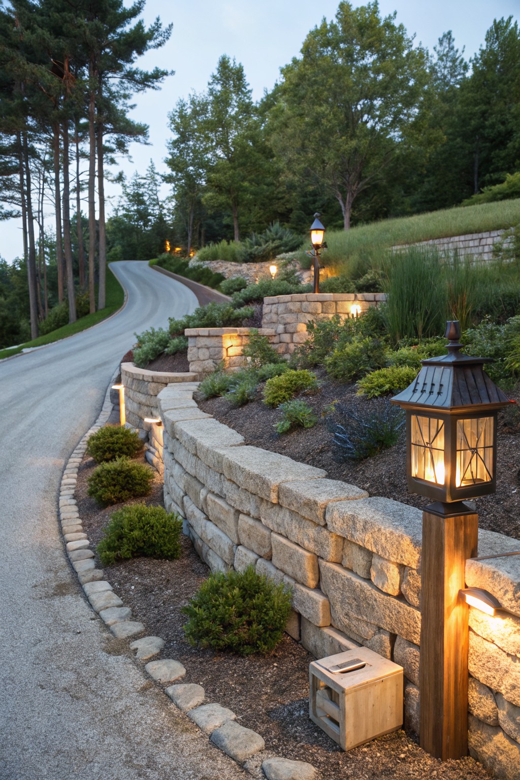 Curving driveway edged by tiered dry-stacked stone retaining walls planted with shrubs, ornamental grasses, and perennials, lit by post and wall-mounted lanterns at dusk amid trees.
