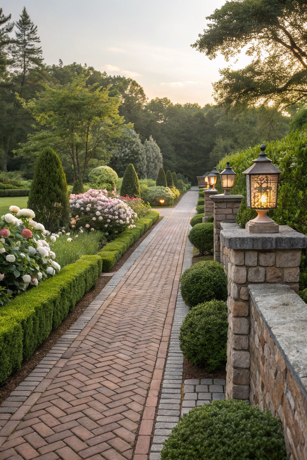 Brick Path with Boxwood Borders