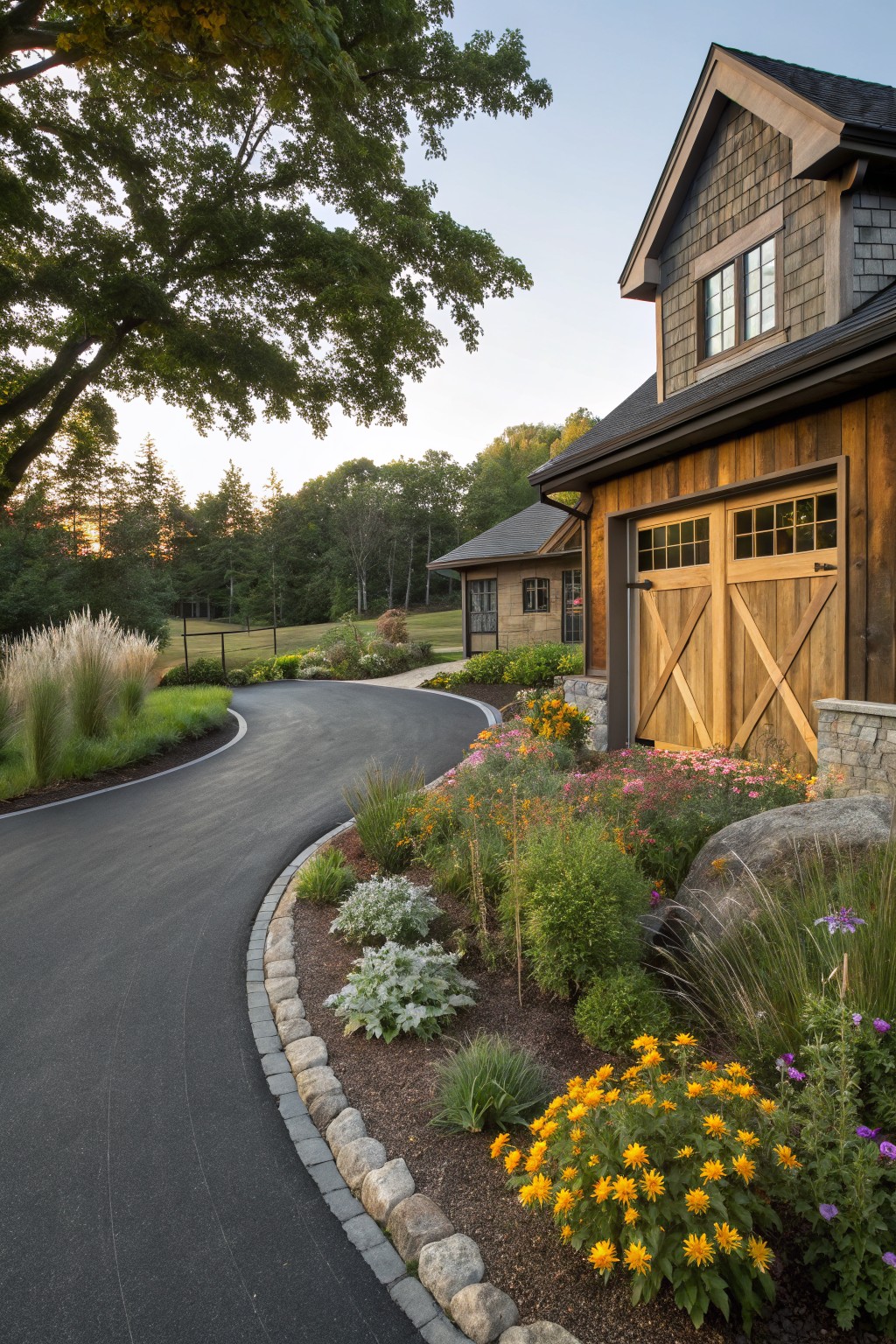 Curved black asphalt driveway edged with stones and boulders, bordered by flower beds with yellow flowers, grasses, and shrubs leading to a wooden garage on a shingled house.