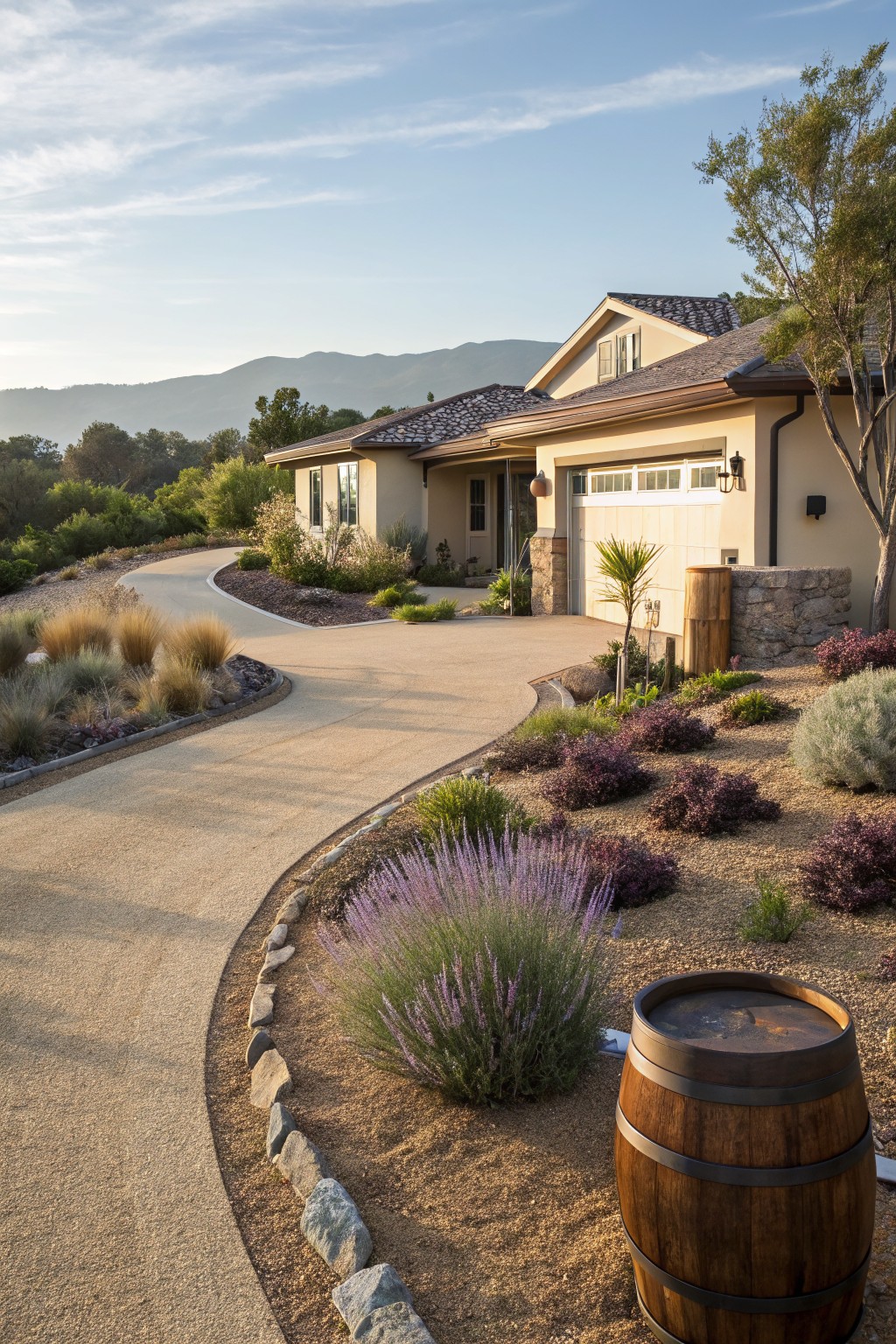 Curved tan gravel driveway leading to a beige stucco house with terracotta roof, bordered by rocks, lavender bushes, grasses, succulents, and a wooden barrel planter, with mountains and trees in the background at sunset.