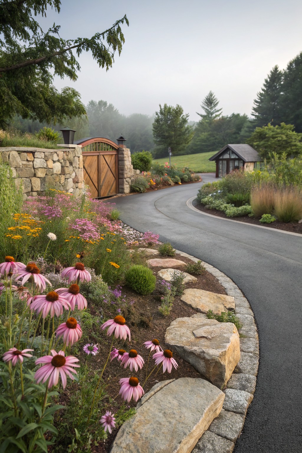 Driveway Flower Beds with Stone Edging