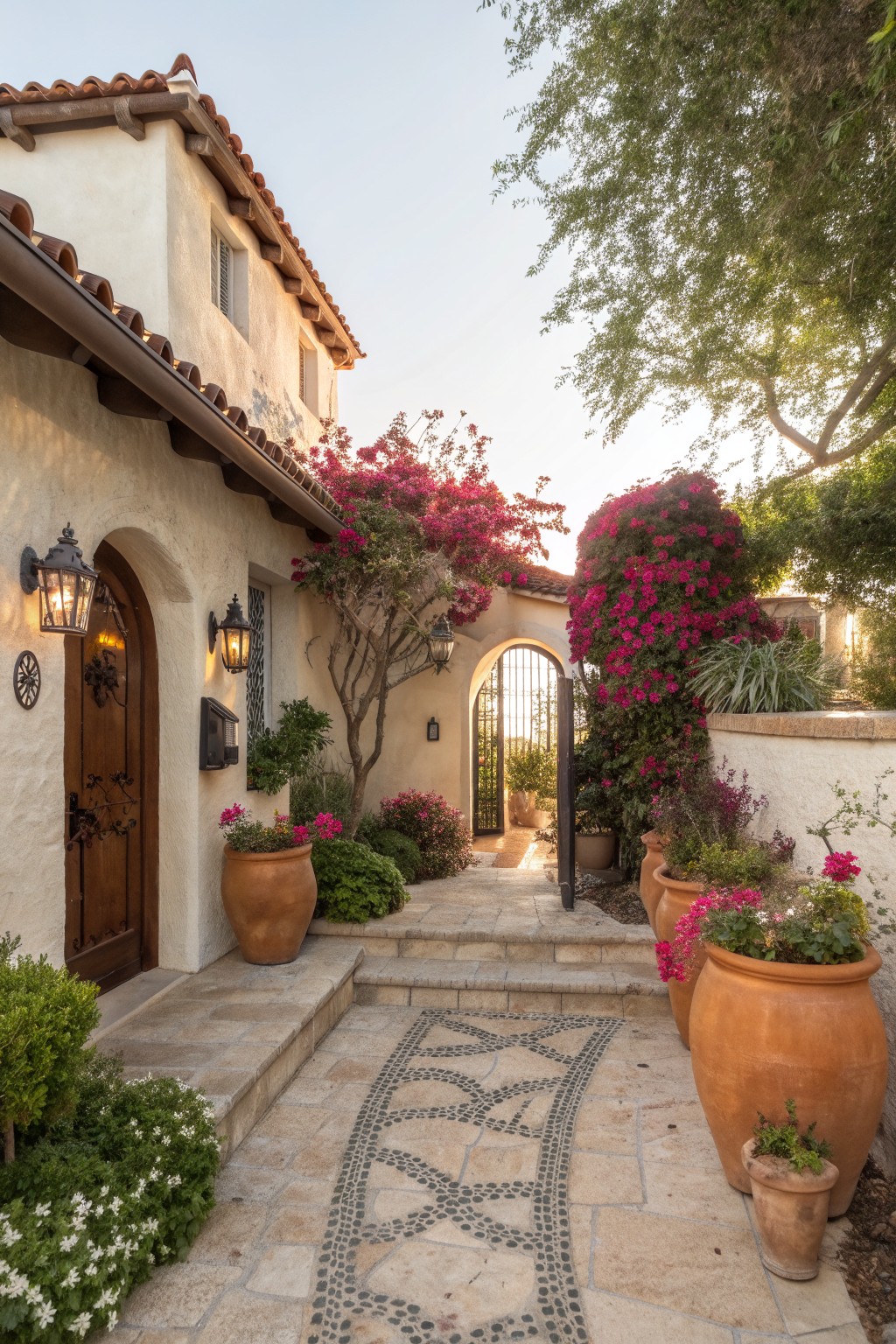 Spanish-style stucco house exterior with arched wooden entry door illuminated by lanterns, large terracotta pots filled with flowers along stone steps and curving mosaic pebble pathway, bougainvillea vines covering walls and arched metal gate, surrounded by various shrubs and plants.