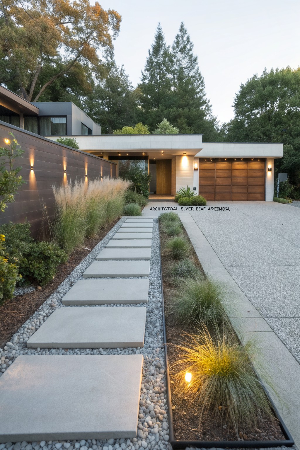 Modern house exterior showing a concrete driveway with wooden garage door, a stepping stone pathway lined by tall ornamental grasses in gravel beds, and wood-clad walls with lighting.