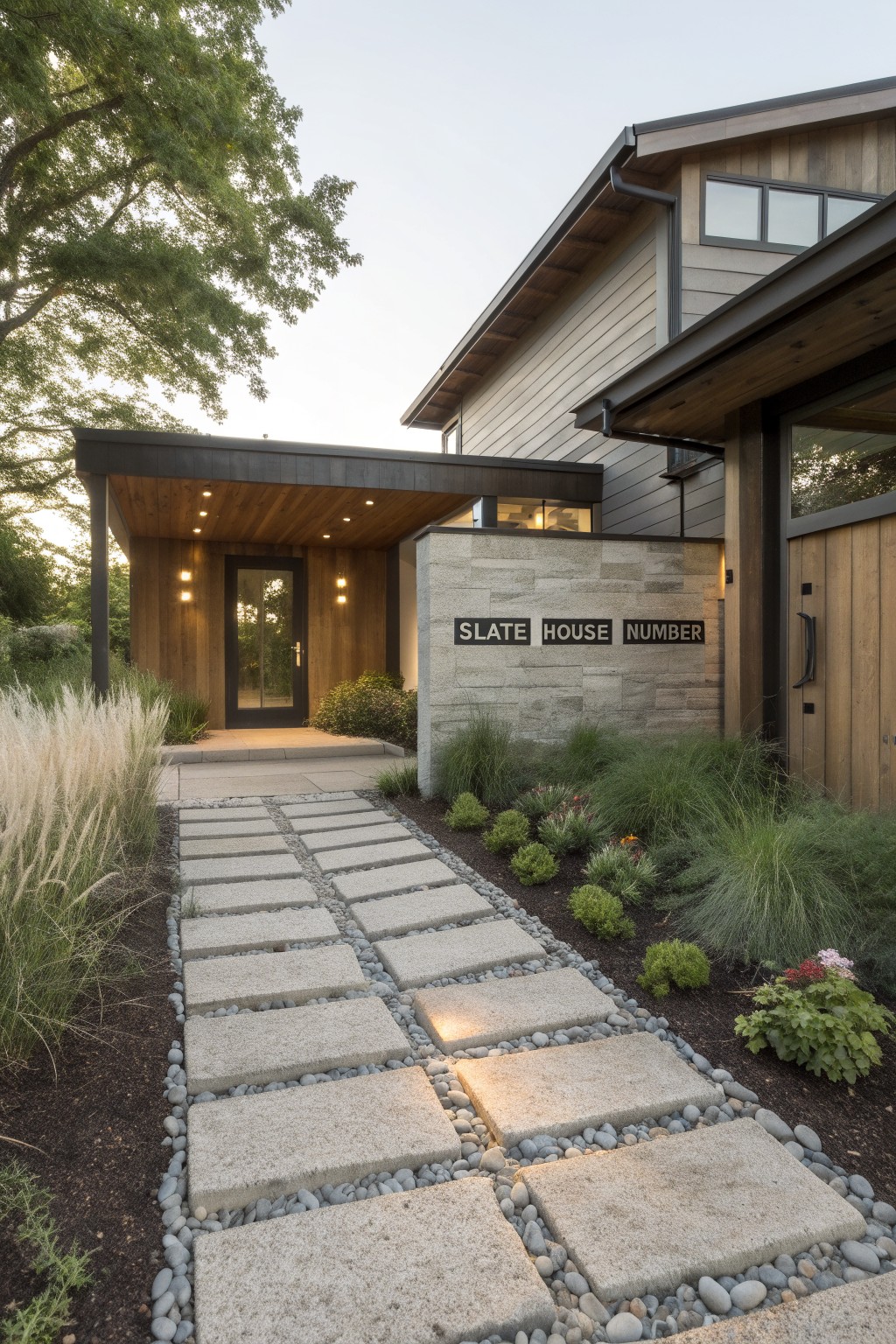 Modern house entrance featuring a covered wood entryway with glass door, stone wall with 