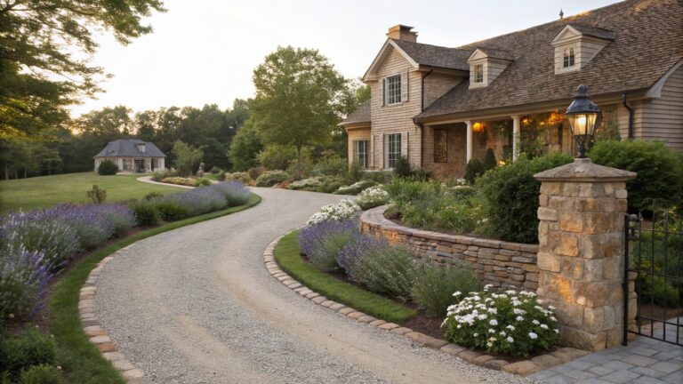 Curved gravel driveway entrance edged with flower beds containing lavender, white flowers, shrubs, and grasses, featuring a brick pillar with lantern and stone borders beside a shingled house.