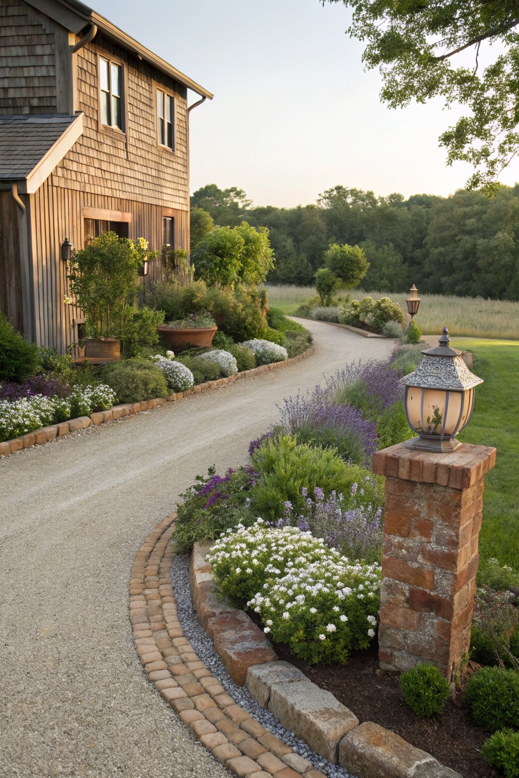 Curved gravel driveway entrance edged with flower beds containing lavender, white flowers, shrubs, and grasses, featuring a brick pillar with lantern and stone borders beside a shingled house.
