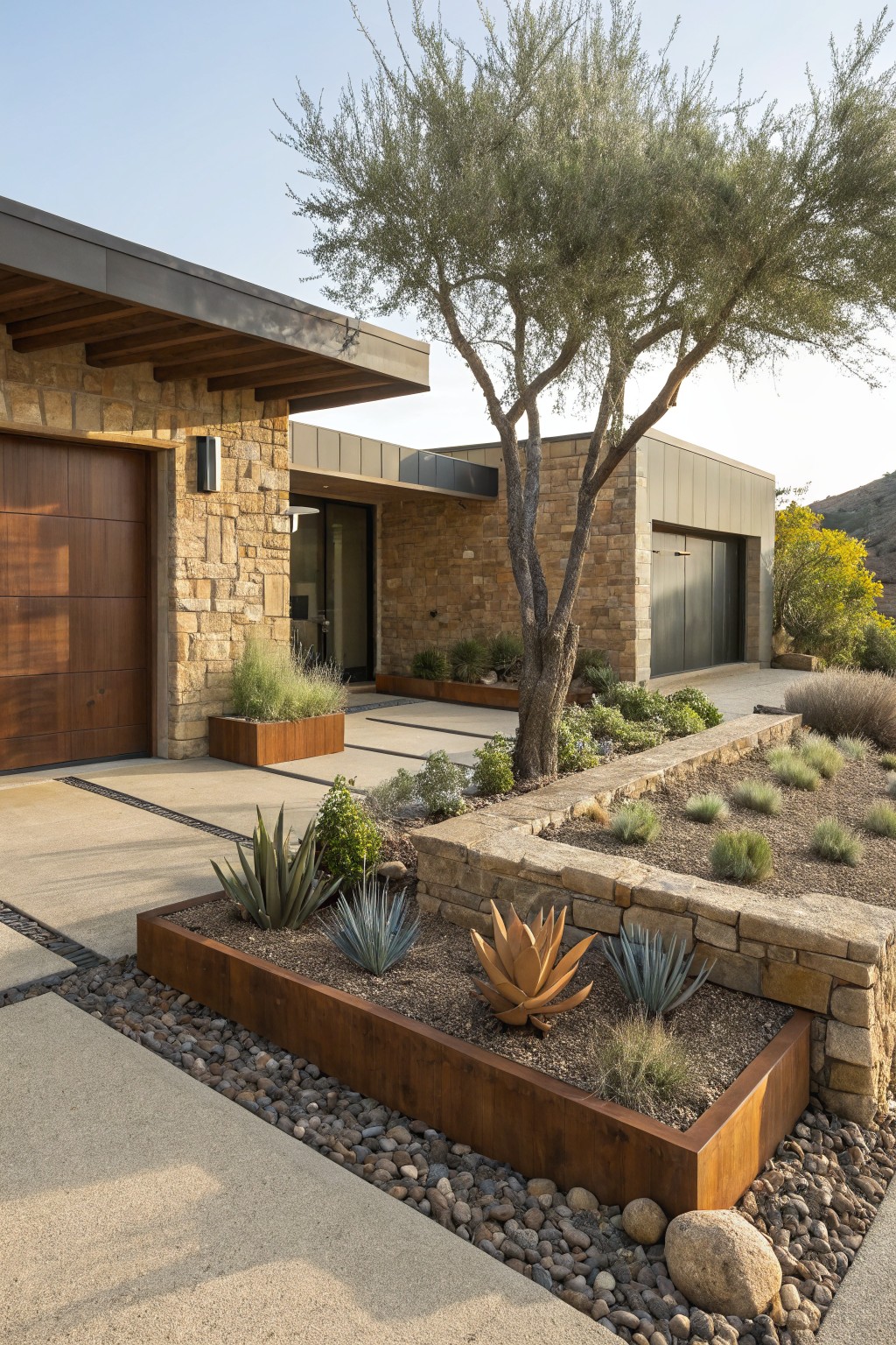Modern house exterior with stone walls and wood garage doors, concrete driveway edged by raised corten steel planter beds filled with agaves, succulents, and grasses, plus gravel ground cover and a mesquite tree nearby.
