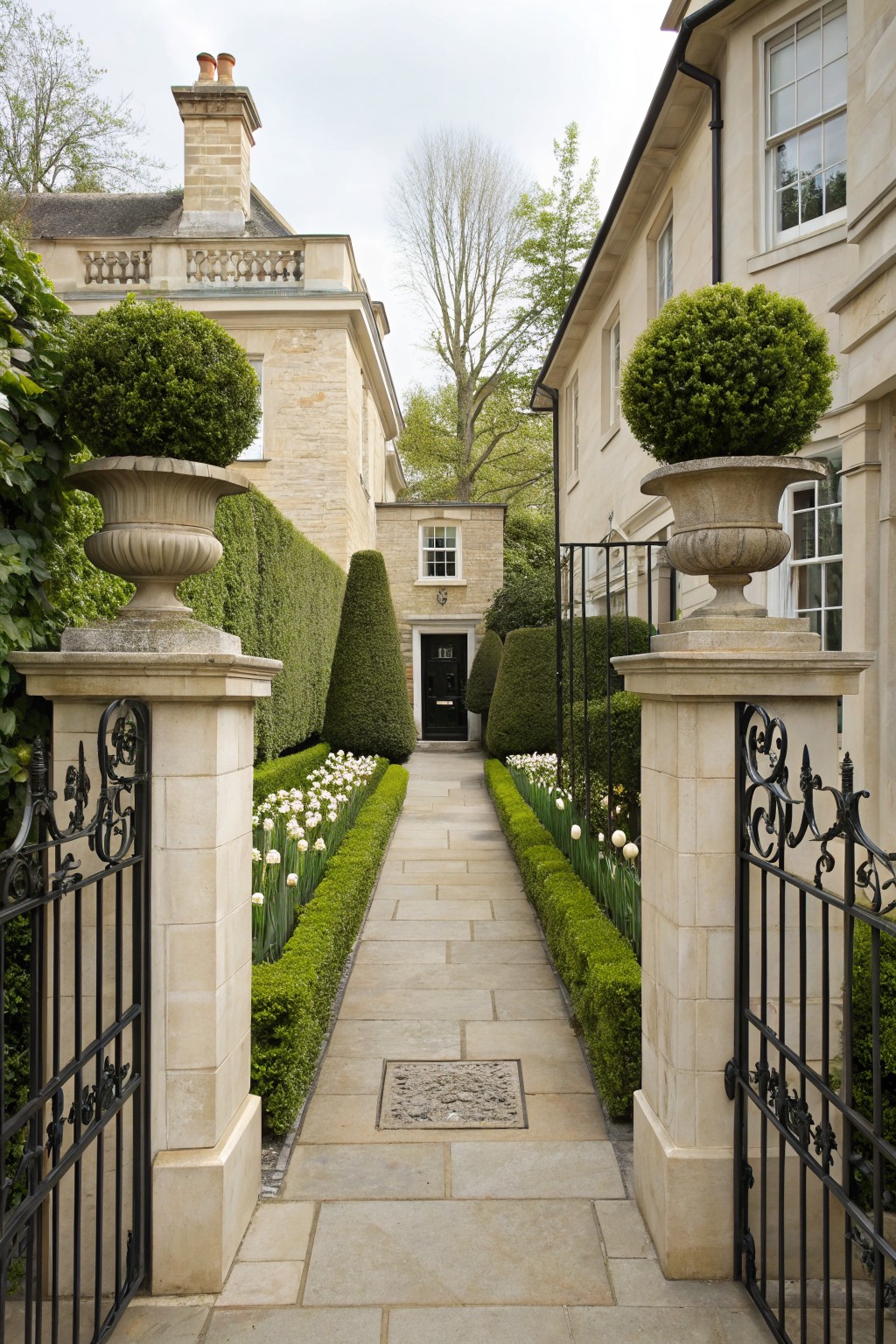 Wrought-iron gate between stone pillars at the end of a straight stone pathway lined with boxwood hedges and white tulip flower beds, with hedges, trees, and a house entrance beyond.