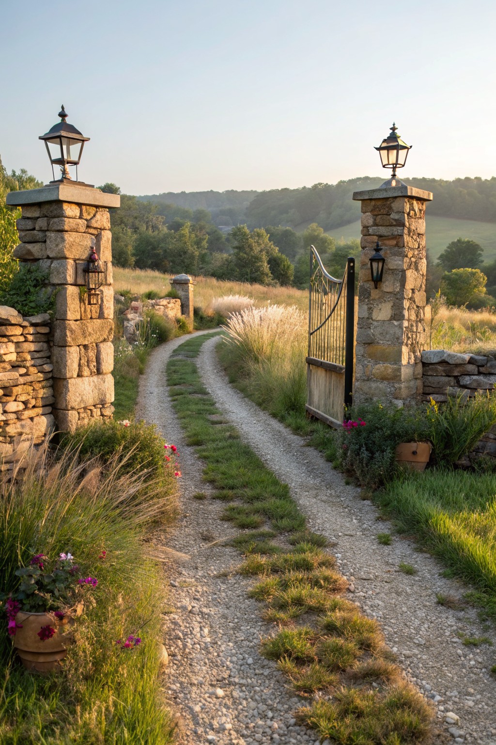 Stone pillars topped with lanterns flank a curved black wrought iron gate opening to a gravel driveway path edged with tall grasses, flower beds, and low stone walls in a rural landscape at dusk.