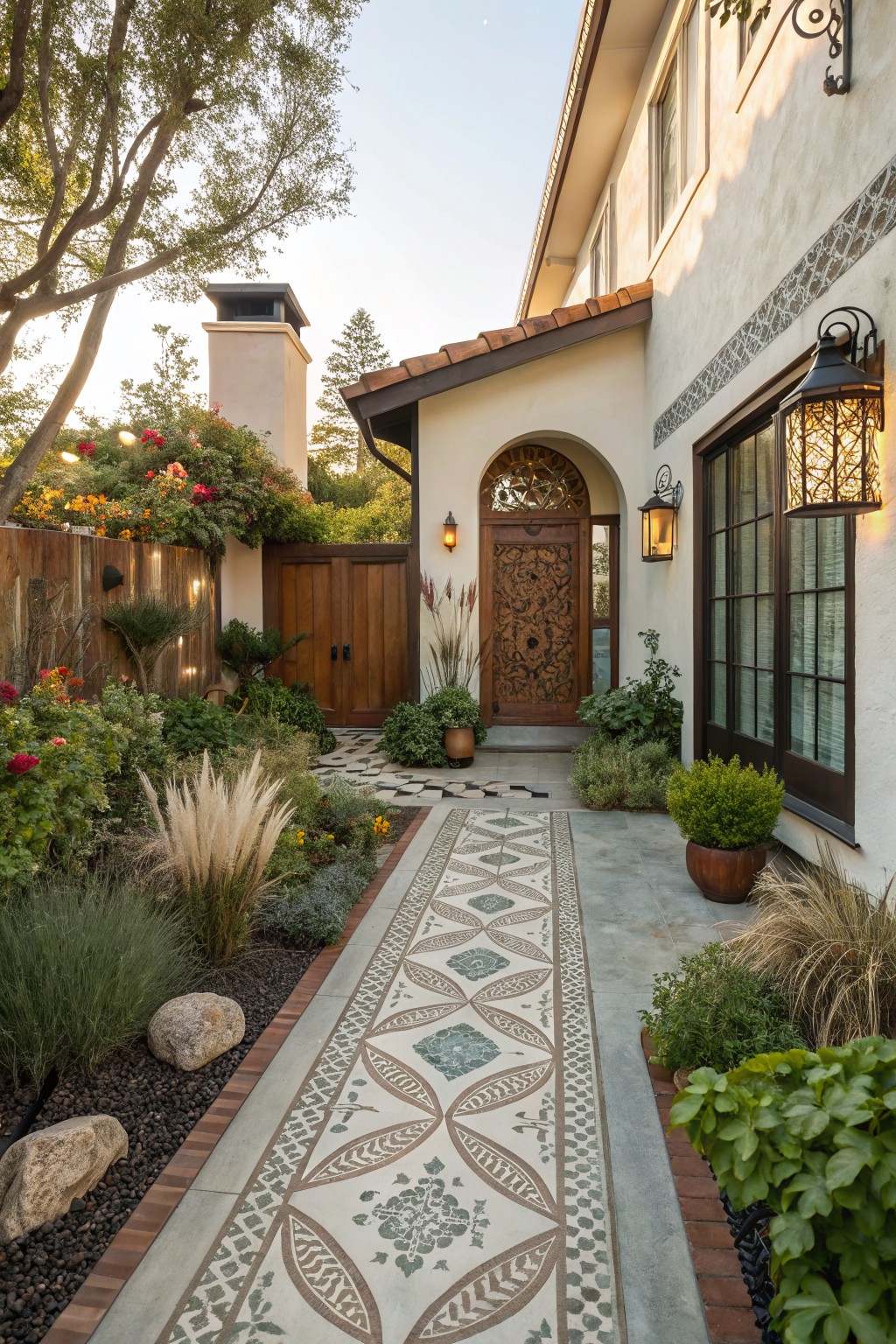 Side view of a stucco house entrance featuring a walkway of beige and green geometric patterned tiles bordered by gravel mulch, rocks, pampas grass, succulents, and flowering plants leading to a carved wooden arched door flanked by lanterns.