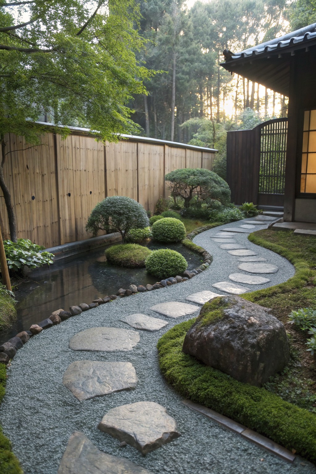 Winding path of large irregular stone stepping stones set in gray gravel, curving past a dark pond, mossy plants, bonsai trees, and rocks toward a traditional wooden house entrance with shoji screens.