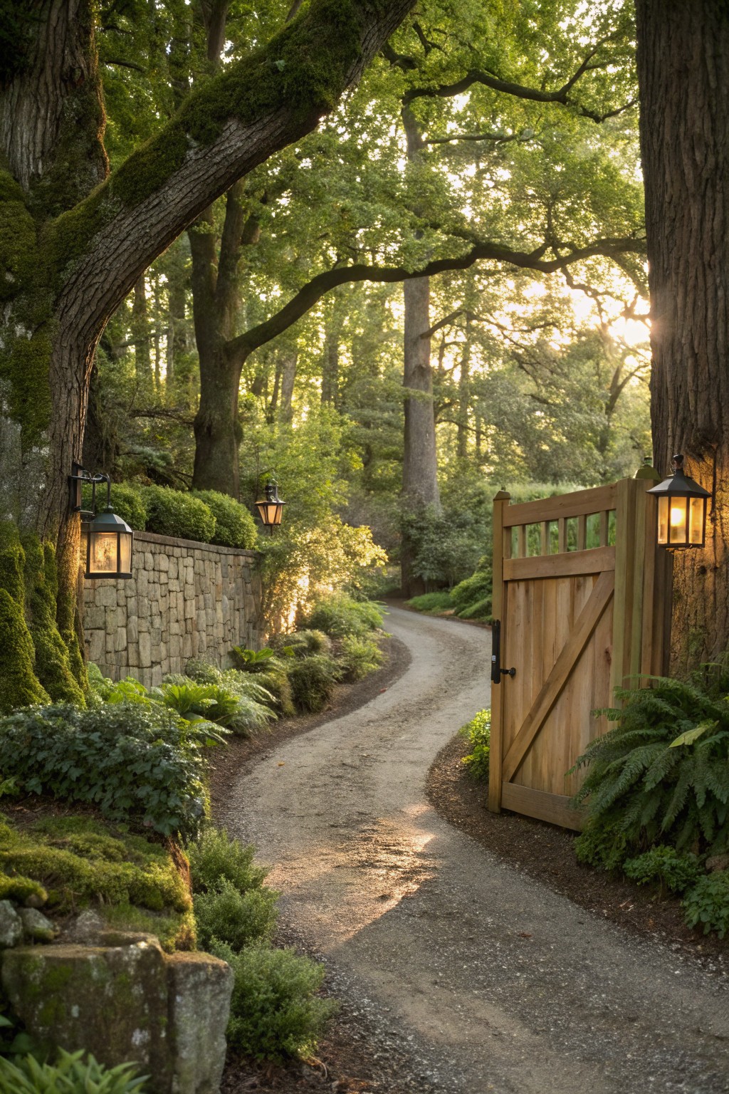 Curving gravel driveway entrance closed by a tall wooden gate, flanked by stone walls with hanging lanterns, moss-covered trees, ferns, shrubs, and mossy rocks in a lush forest setting.