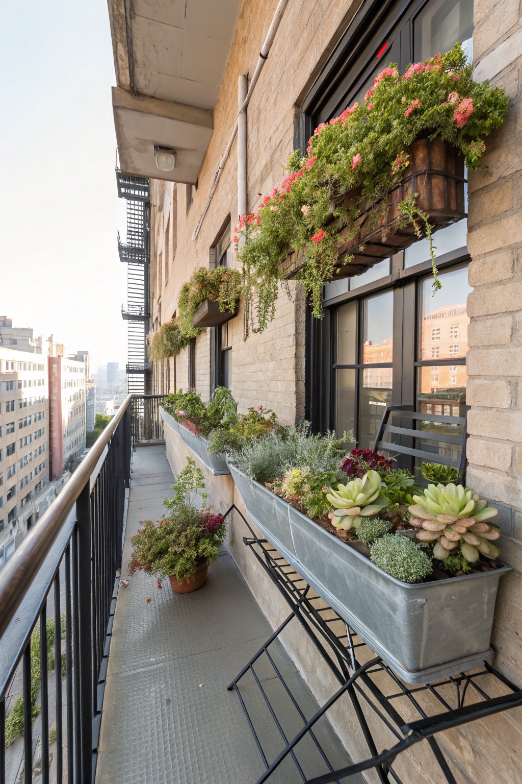 Urban balcony railing with black metal A-frame rack holding two galvanized metal trough planters filled with various succulents including echeveria and haworthia, brick building wall with window boxes of trailing pink geraniums and cityscape view.