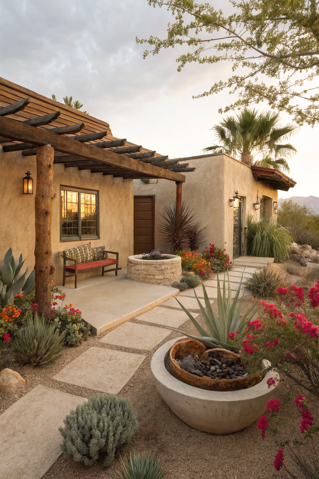 Adobe-style house exterior featuring a wooden pergola-covered patio with bench and fire pit, stone paver pathway through gravel and desert plants including agave, succulents, and pink-flowering bushes, with mountains in the background at dusk.