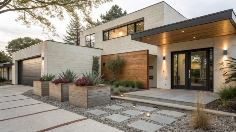 Contemporary house exterior with white stucco and wood cladding, black front door under wooden entry canopy, and raised concrete planters along concrete walkway filled with grasses, succulents, and colorful flowers.