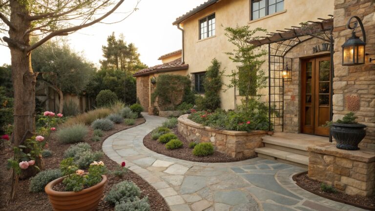 Spanish-style stucco house with arched wooden entry door, curved flagstone pathway winding through gravel beds of succulents, roses, and low shrubs, flanked by olive trees at sunset.