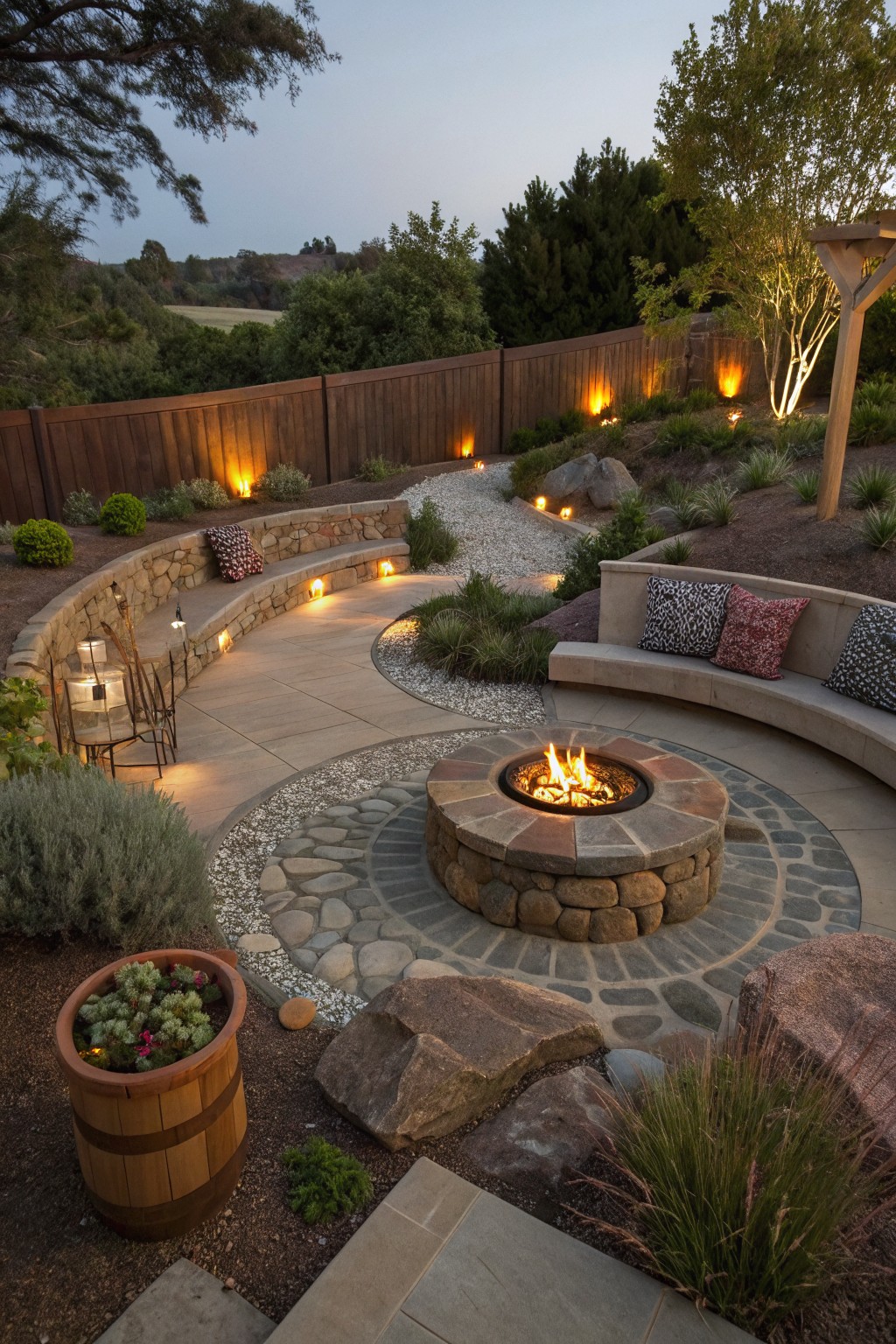 Backyard patio with central circular stone fire pit, curved concrete benches around it, pebble and paver paths, low pathway lights, stone walls, potted plants, and surrounding drought-tolerant landscaping at dusk.