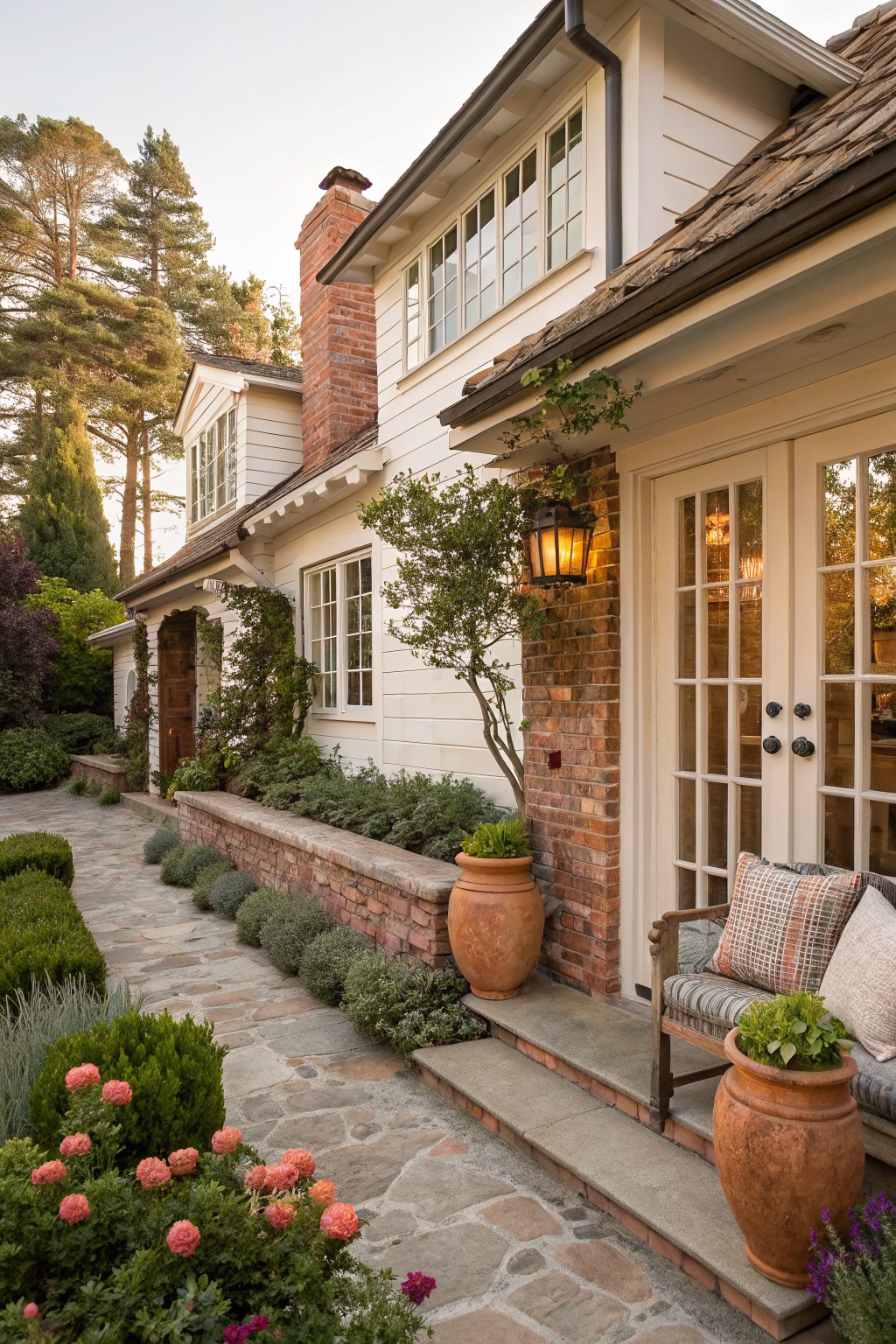White clapboard house with brick chimney and accents beside a winding stone pathway edged in low shrubs, roses, lavender, and large terracotta pots on a brick patio with bench and French doors.