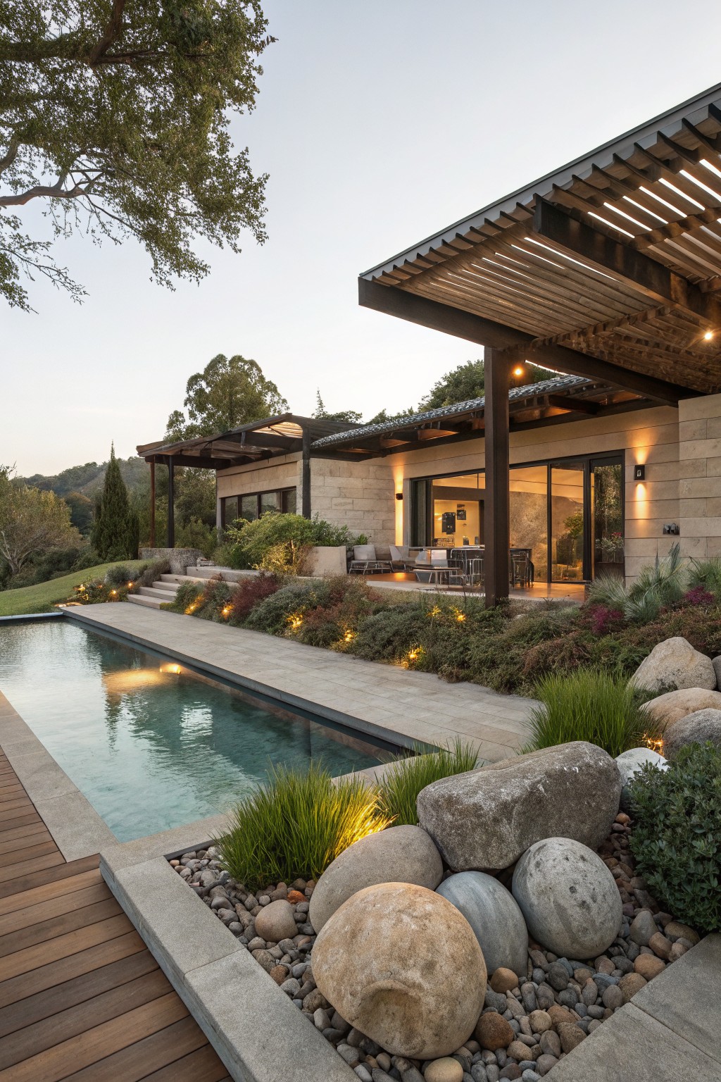 Long narrow pool beside a modern stone house with wooden deck on one side, large rounded boulders and grasses bordering the other side, stone patio, and landscape lighting at dusk.