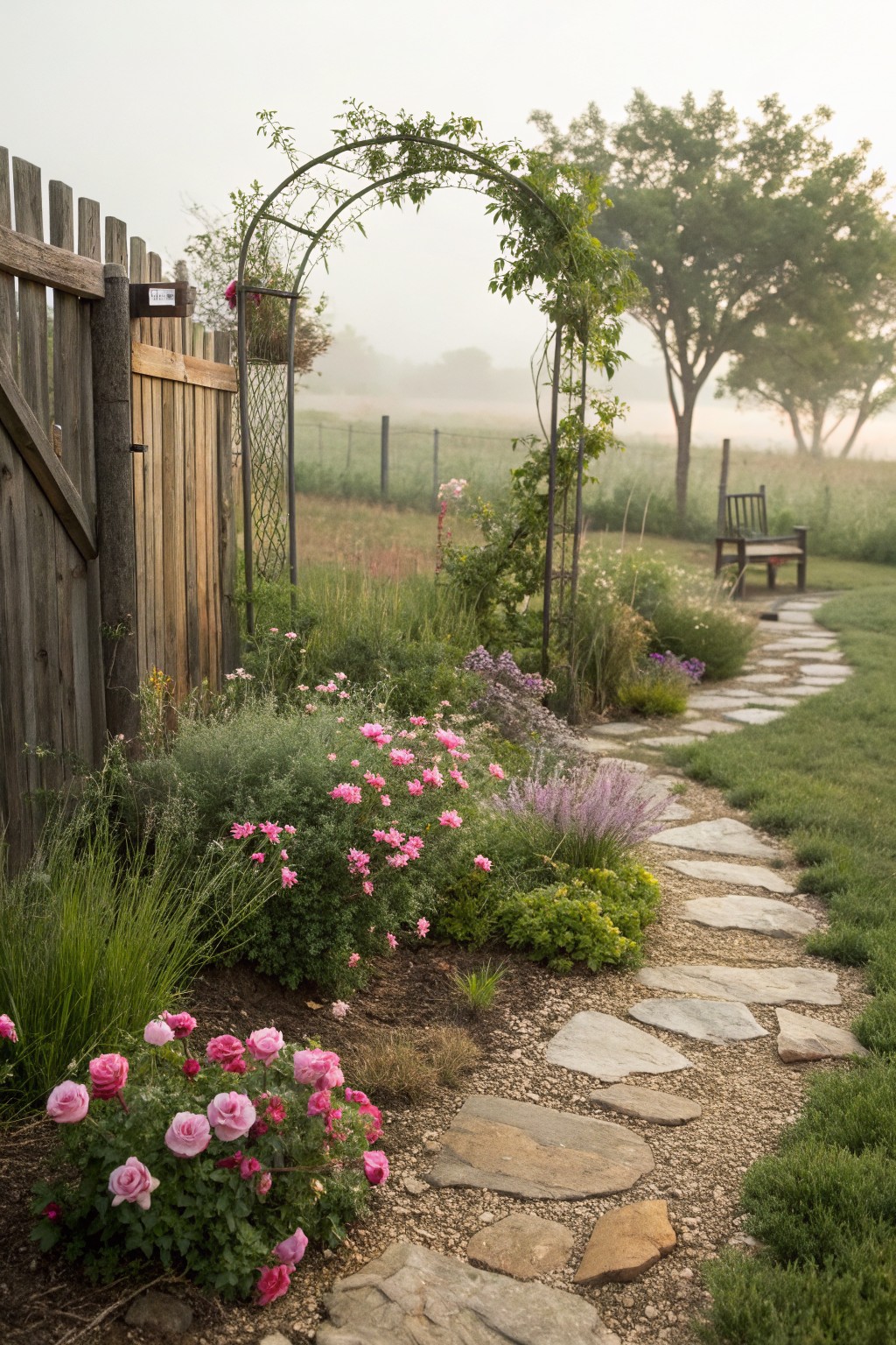 A misty garden path of irregular flat stones winds through flower beds with pink roses, lavender, grasses, and other perennials, bordered by a wooden fence and arched trellis leading to a bench.