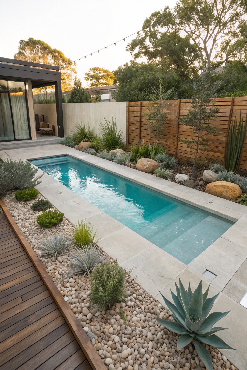Narrow rectangular pool with turquoise water bordered by succulents like agave and grasses, pebble mulch, rocks, and shrubs, next to a wooden deck and partial modern house view.