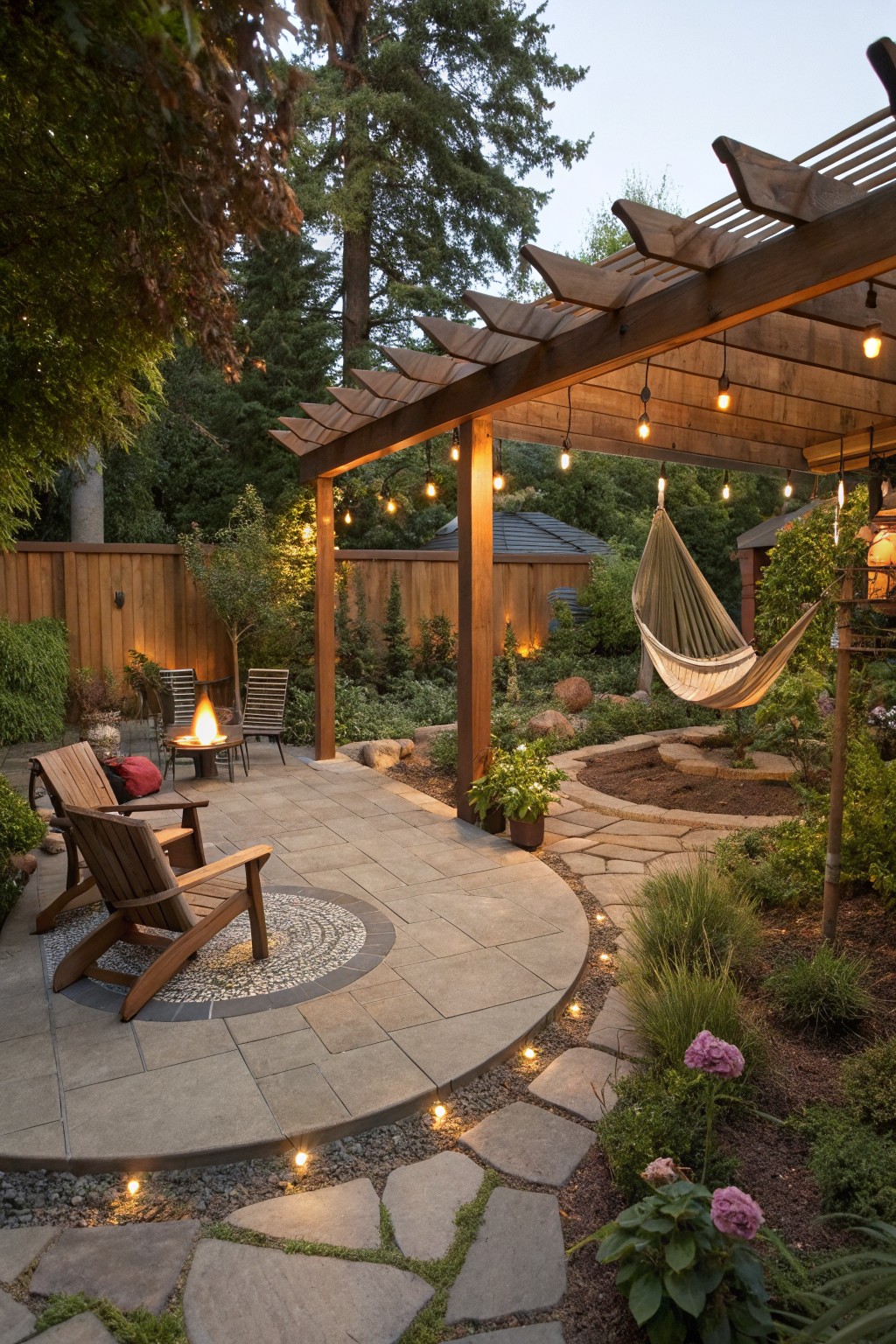 Wooden pergola over a curved stone patio with Adirondack chairs, fire pit table, hammock, string lights, and surrounding garden beds with grasses and flowers.