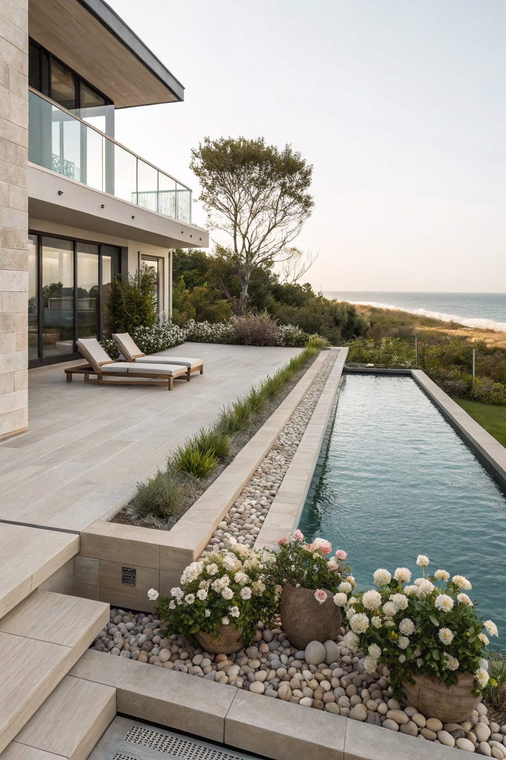 Modern terrace with infinity-edge pool overlooking ocean, narrow planting bed of grasses and pebbles along poolside, large terracotta pots with pink roses and white flowering plants near stone steps leading to deck with wooden loungers, house exterior with glass walls and balcony above.