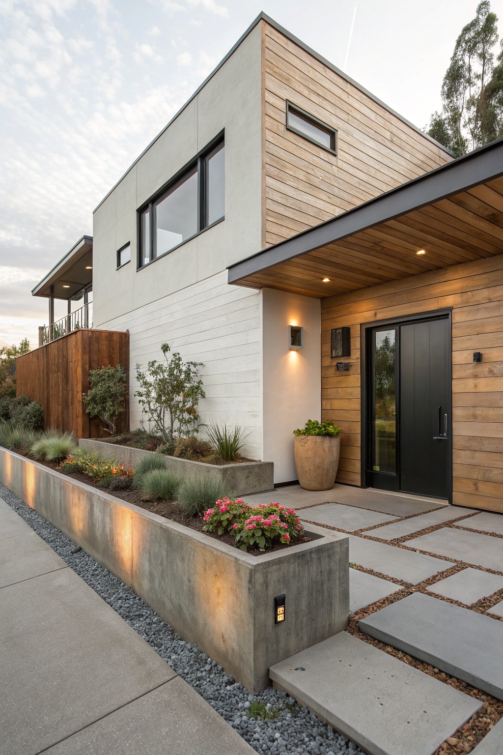 Contemporary house exterior with white stucco and wood cladding, black front door under wooden entry canopy, and raised concrete planters along concrete walkway filled with grasses, succulents, and colorful flowers.