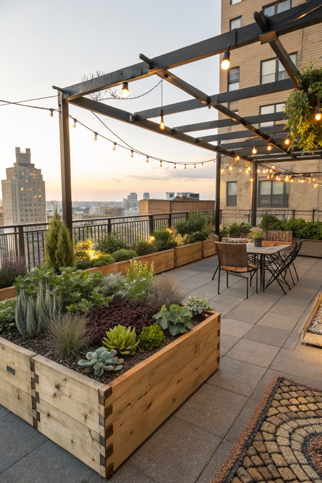 Rooftop terrace with wooden raised planters filled with succulents and greenery bordering a dining table and chairs under a black metal pergola strung with lights, metal railing, and city buildings in background at sunset.