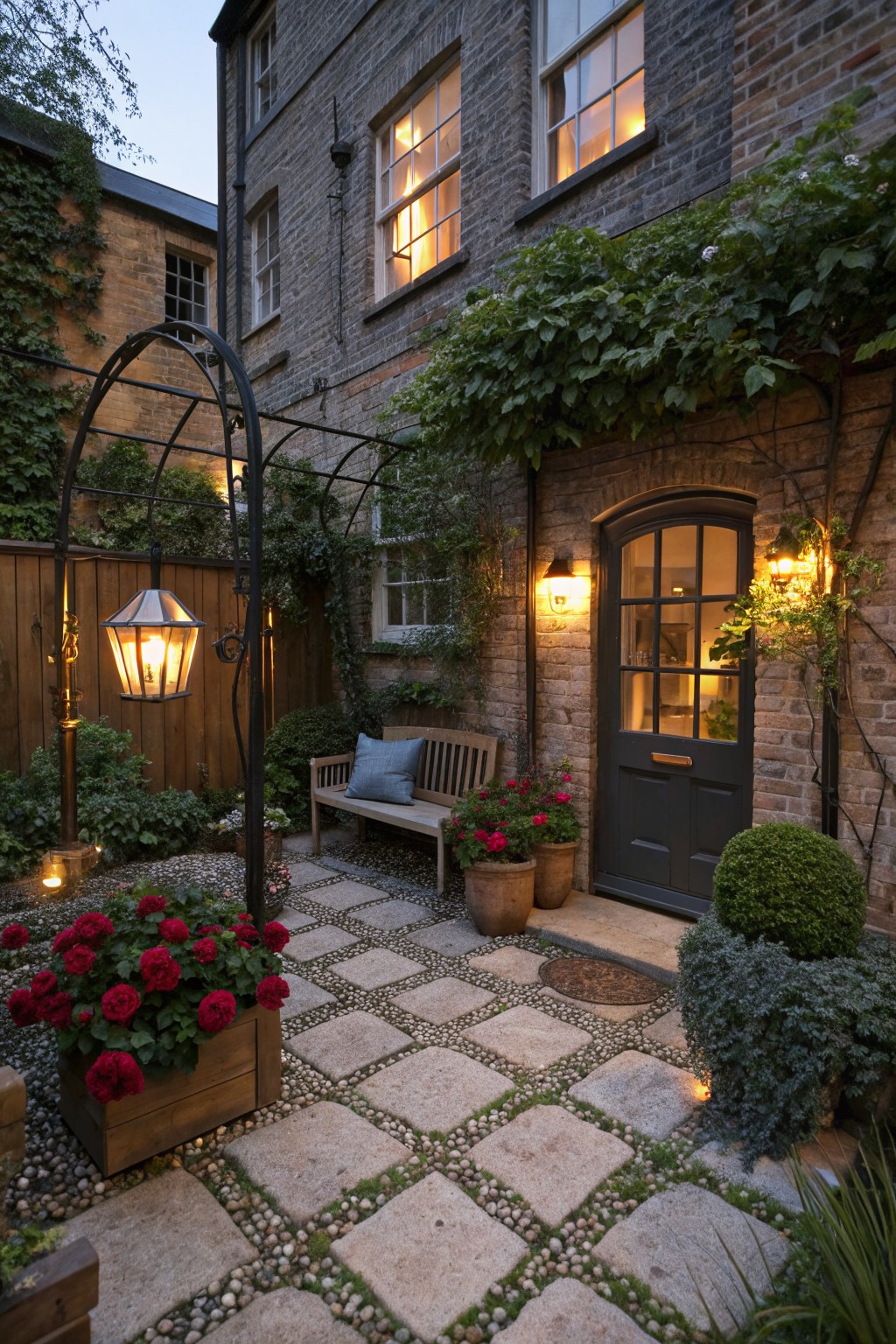 Brick-walled courtyard patio at dusk with stone pavers, large wooden planter box of red roses, wooden bench with cushions, hanging lanterns, climbing vines, and potted plants.