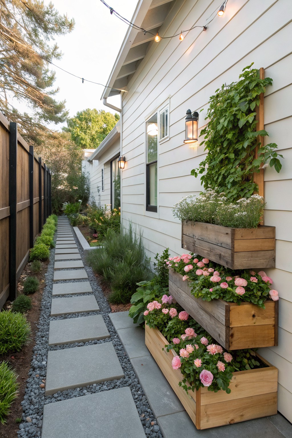 Narrow side yard with gray concrete stepping stones set in gravel path, bordered by low shrubs and plants, stacked wooden planters on white house wall filled with pink roses and white-flowered herbs, climbing vine on trellis, black fence, and string lights overhead.