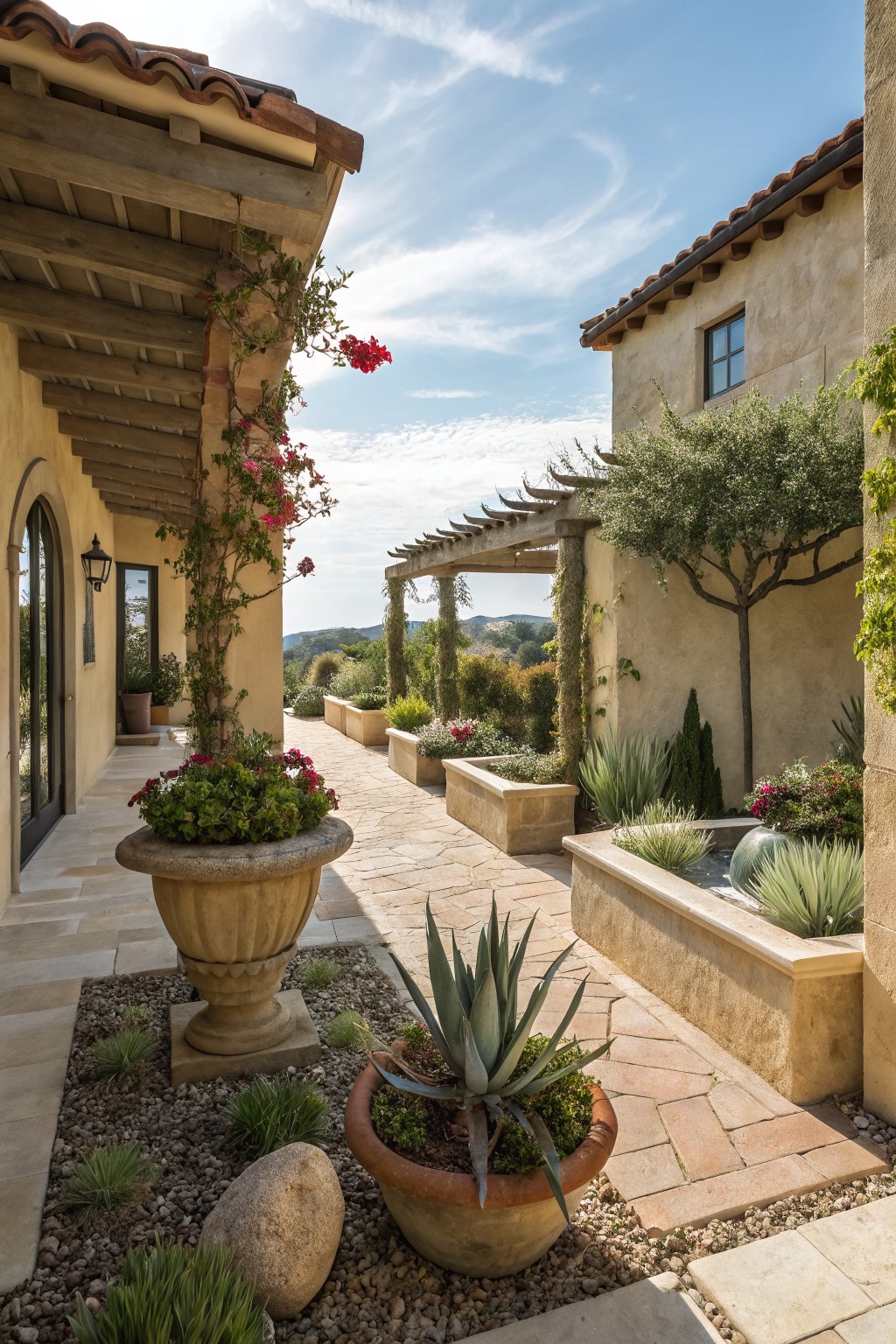 Stone Pathways Lined with Succulents and Roses