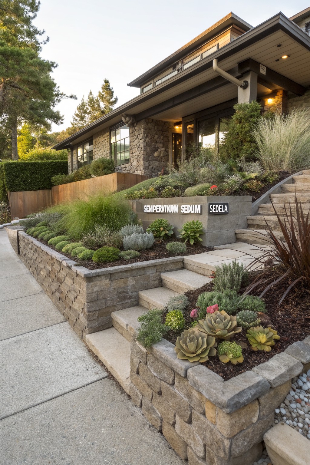 Stone retaining walls planted with succulents including sedum, sempervivum, and echeveria alongside concrete stairs leading to a modern house entrance, surrounded by grasses and shrubs.