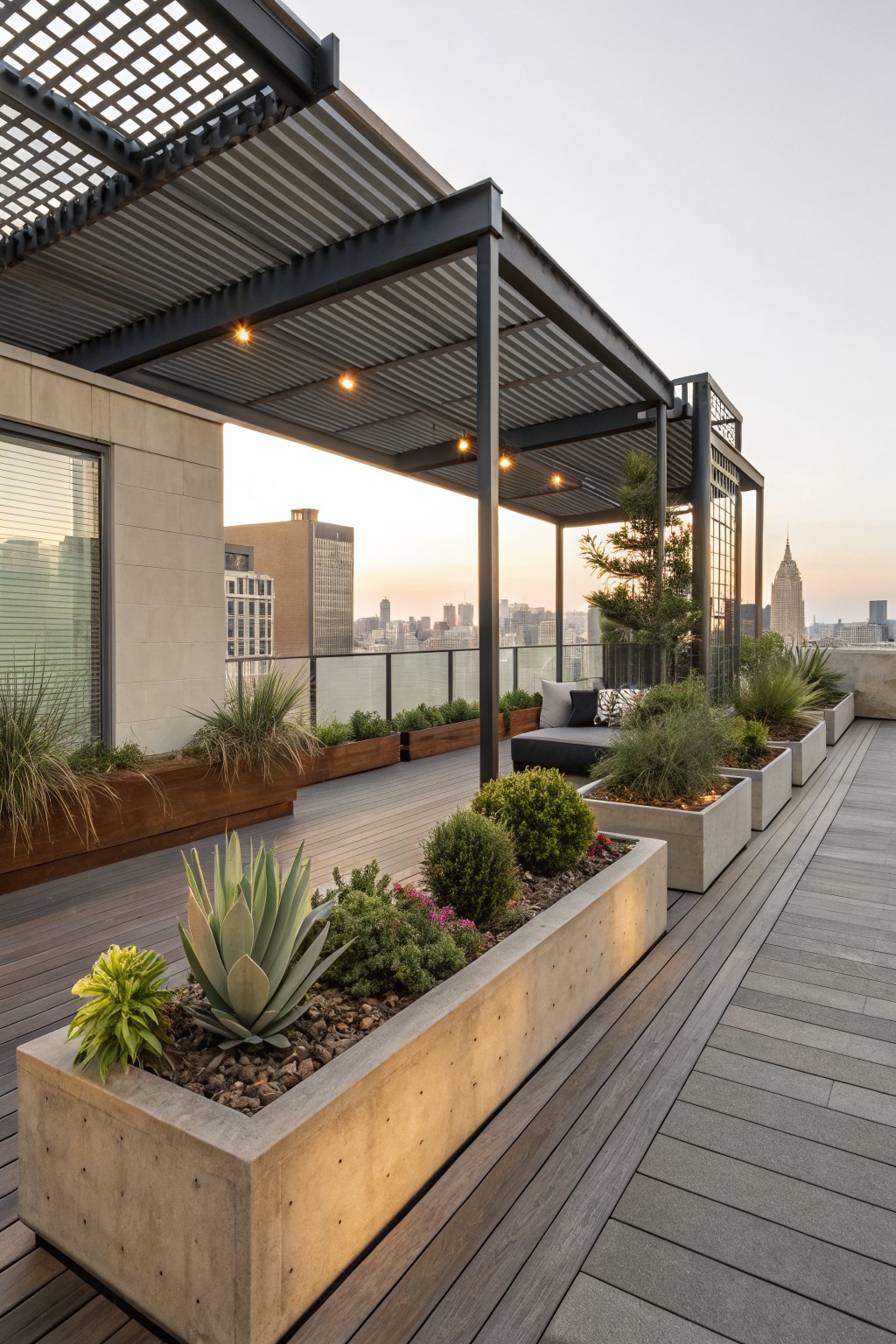 Rooftop terrace deck with gray composite decking, black metal pergola structure overhead with slatted louvers and string lights, linear rectangular concrete planters along the edge filled with succulents, grasses, and shrubs, built-in couch seating, and city skyline view.