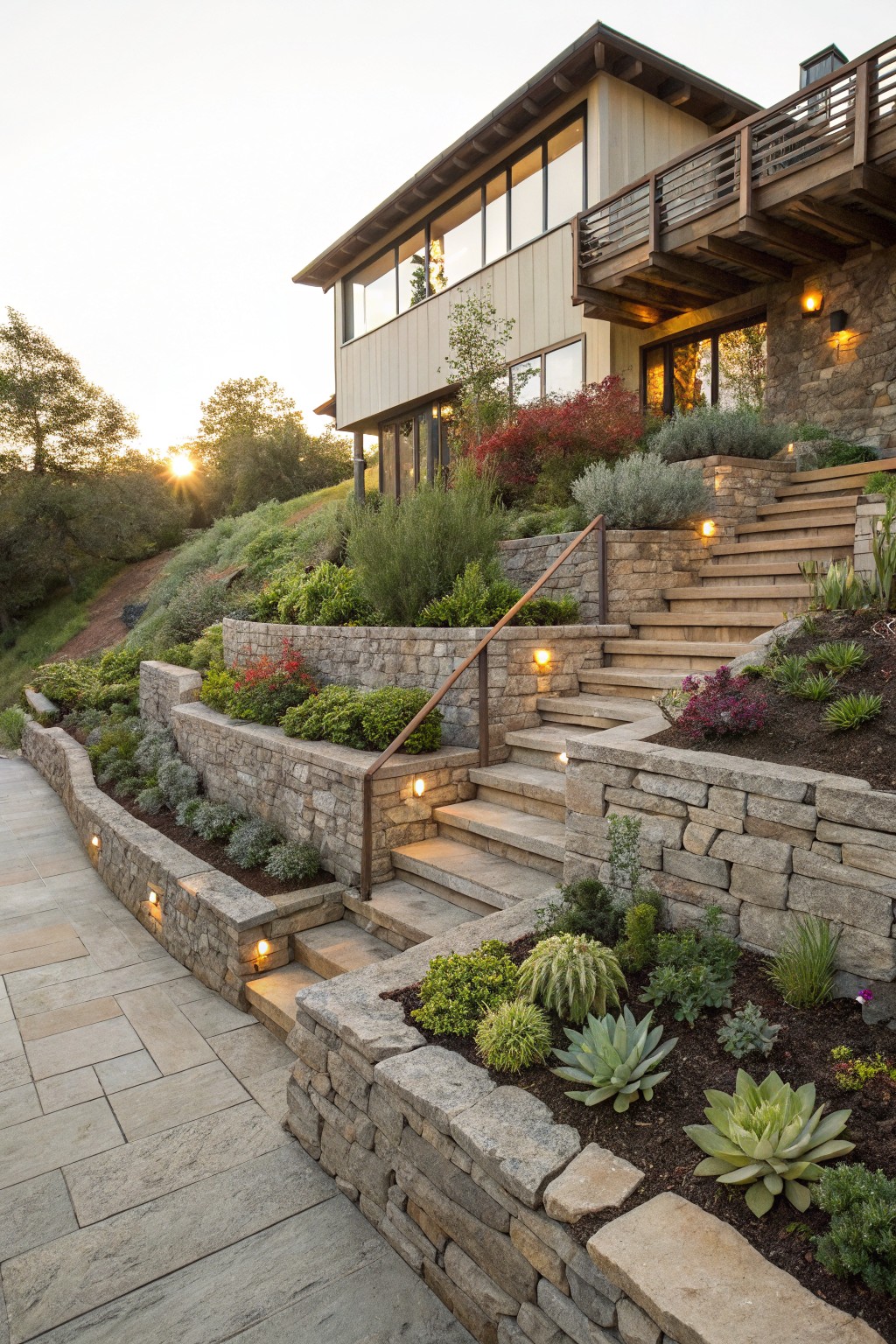 Hillside home with multi-level dry-stacked stone retaining walls planted with succulents and low shrubs, concrete steps with metal railings and path lighting leading upward.