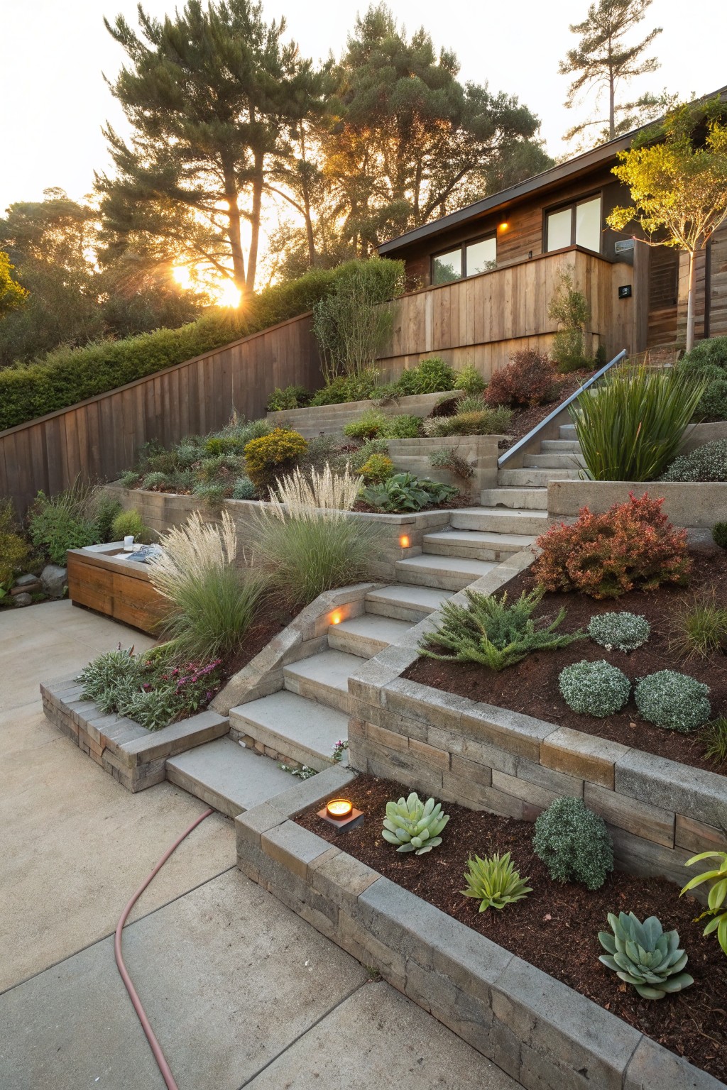 Hillside yard with concrete retaining walls and steps planted with succulents, grasses, and shrubs leading up to a wooden house framed by trees at sunset.