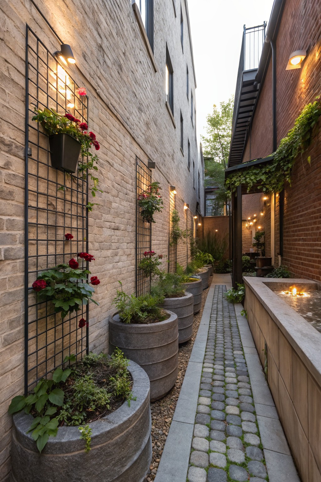 Narrow brick alleyway with cobblestone path lined by large gray concrete planters with greenery, black metal wall trellises supporting red roses and other plants, wall-mounted lights, vines on opposite wall, and a small lit water feature at the end.