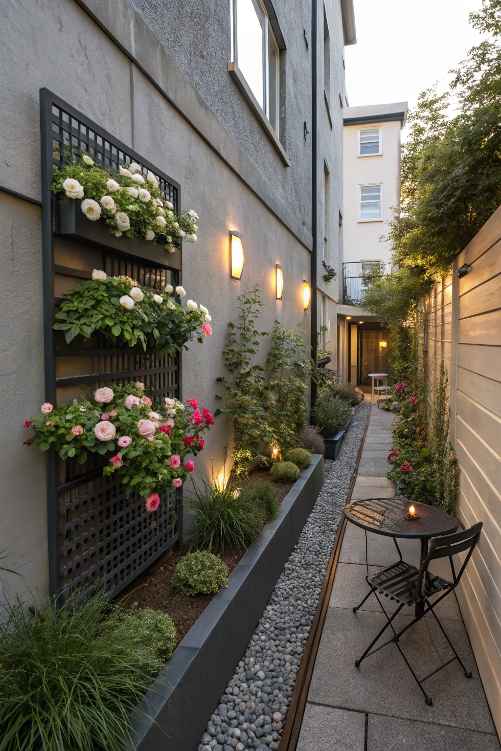 Narrow urban alleyway between gray concrete and white buildings with a tall black metal trellis on the wall planted with white and pink roses, gravel path edged by stone slabs and low plant beds with grasses and shrubs, wall lights, and a small round metal table with two chairs.
