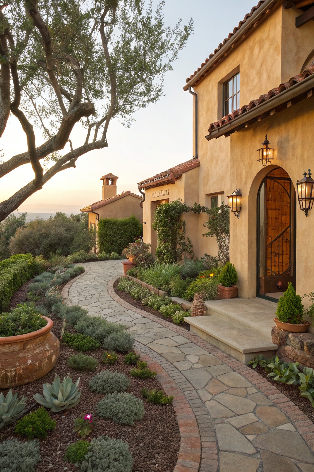 Spanish-style stucco house with arched wooden entry door, curved flagstone pathway winding through gravel beds of succulents, roses, and low shrubs, flanked by olive trees at sunset.