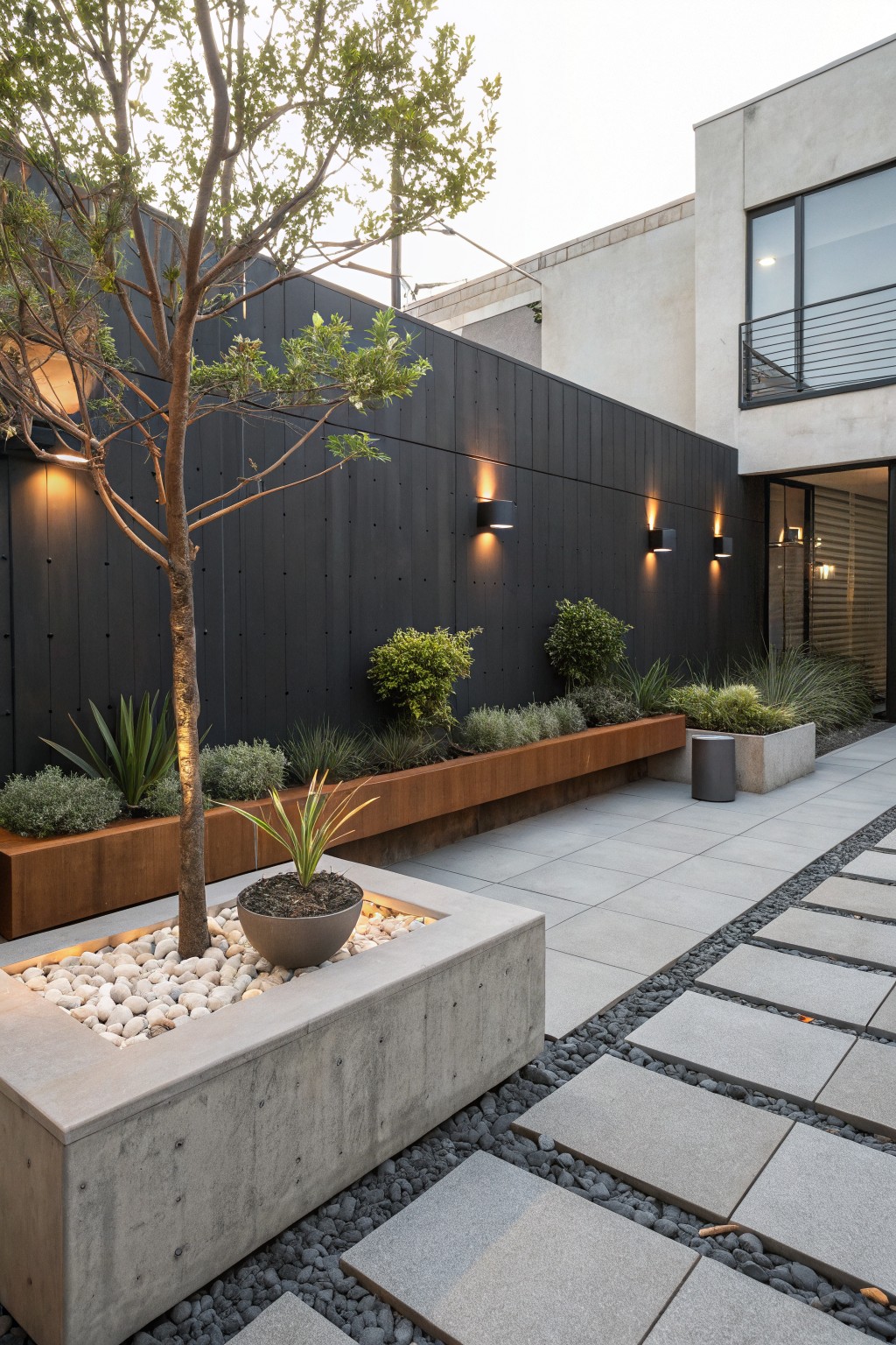 Outdoor pathway of gray pavers set in gravel, bordered by a long raised wooden planter box with succulents, grasses, and agaves, a concrete planter holding a young tree surrounded by white pebbles, against a black vertical wood wall with mounted lights, near a modern glass entry door.