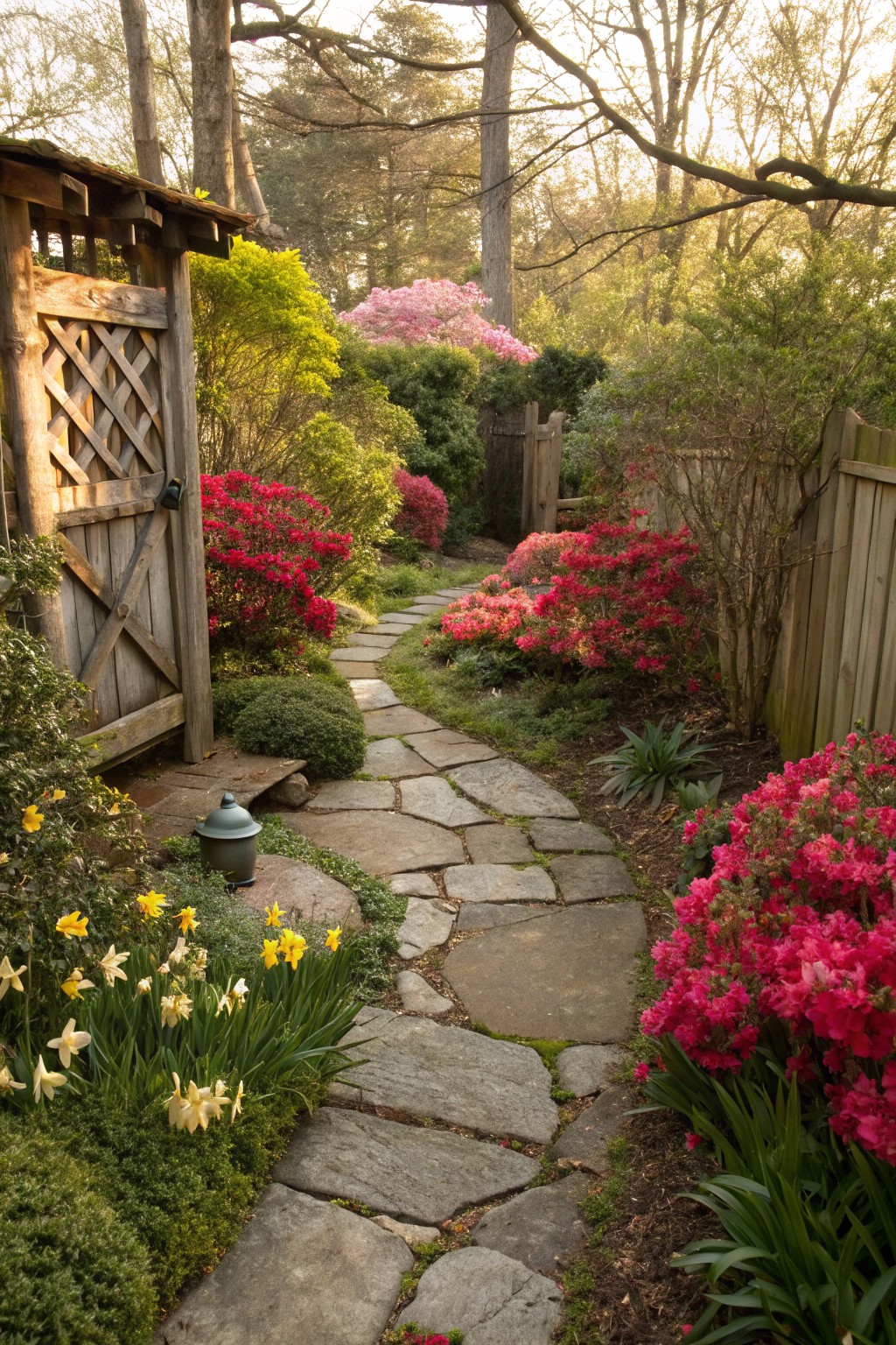 Wooden lattice gate beside a winding flagstone path lined with pink and red azalea bushes, yellow daffodils, and green shrubs in a wooded garden.