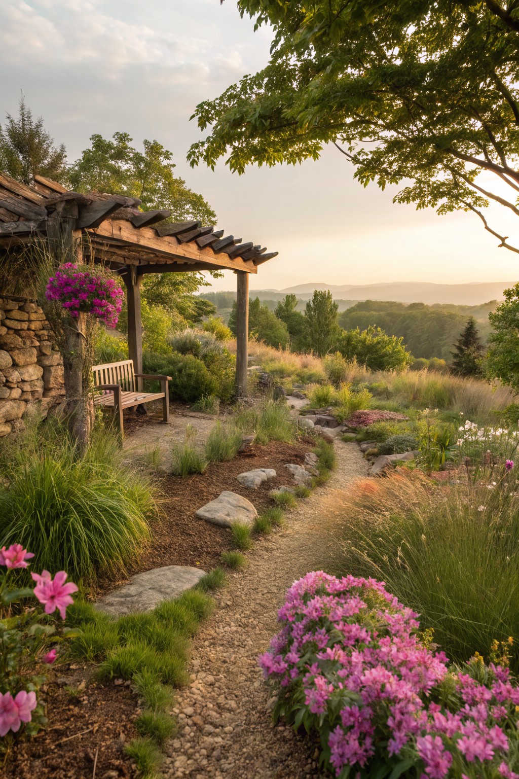 Rustic pergola-covered wooden bench next to stone wall structure, with winding gravel path edged by pink azalea clusters, ornamental grasses, rocks, and plants, overlooking green hillside landscape at sunset.