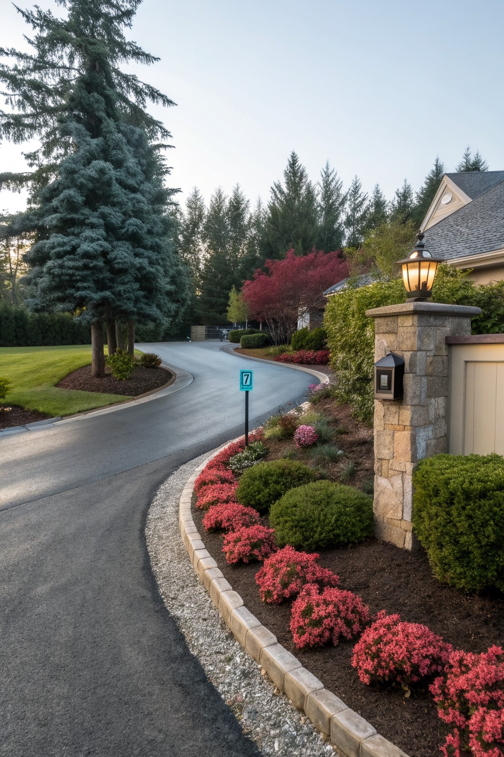Curved blacktop driveway edged with red azalea plantings, stone borders, gravel, and a stone pillar with lantern at a gated residential entrance surrounded by trees and shrubs.