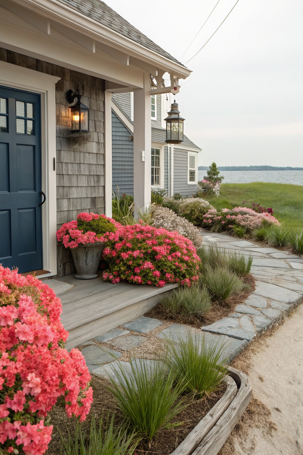 Gray shingled house with navy blue front door on a porch, flanked by pink azalea bushes in beds and a pot, along a stone path through ornamental grasses and plants, with bay view in background.