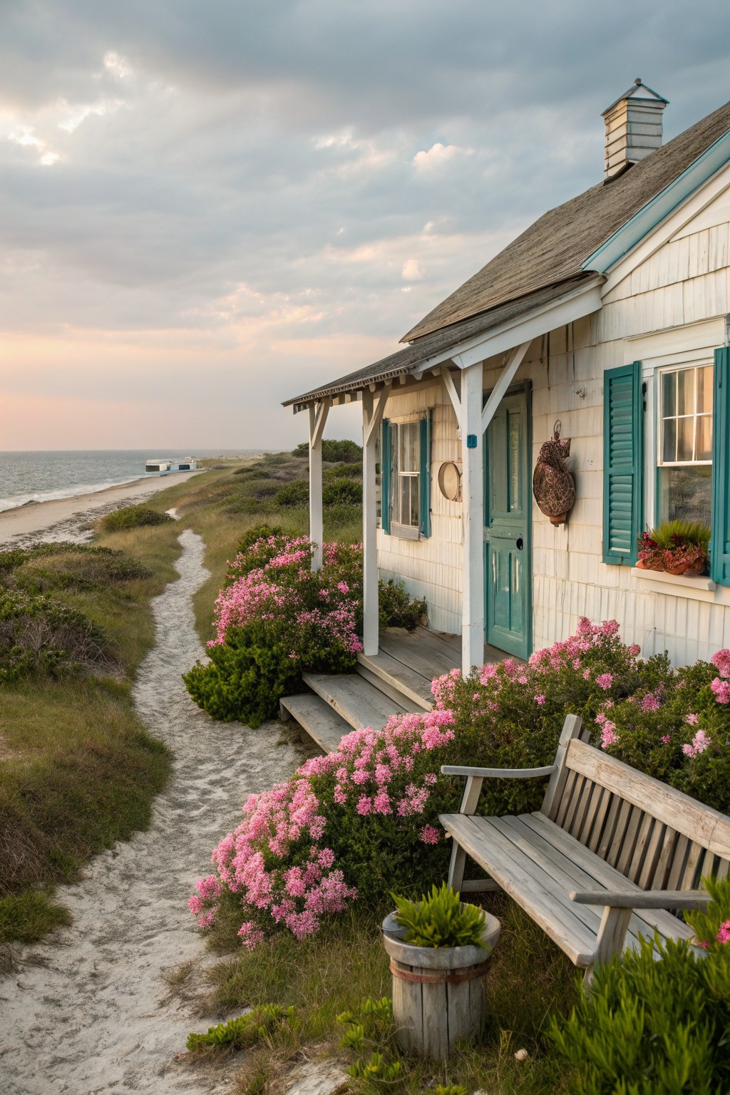 White shingled beach cottage with turquoise shutters and green door on a porch with wooden steps and bench, surrounded by dense pink azalea bushes along a sandy path from ocean dunes.