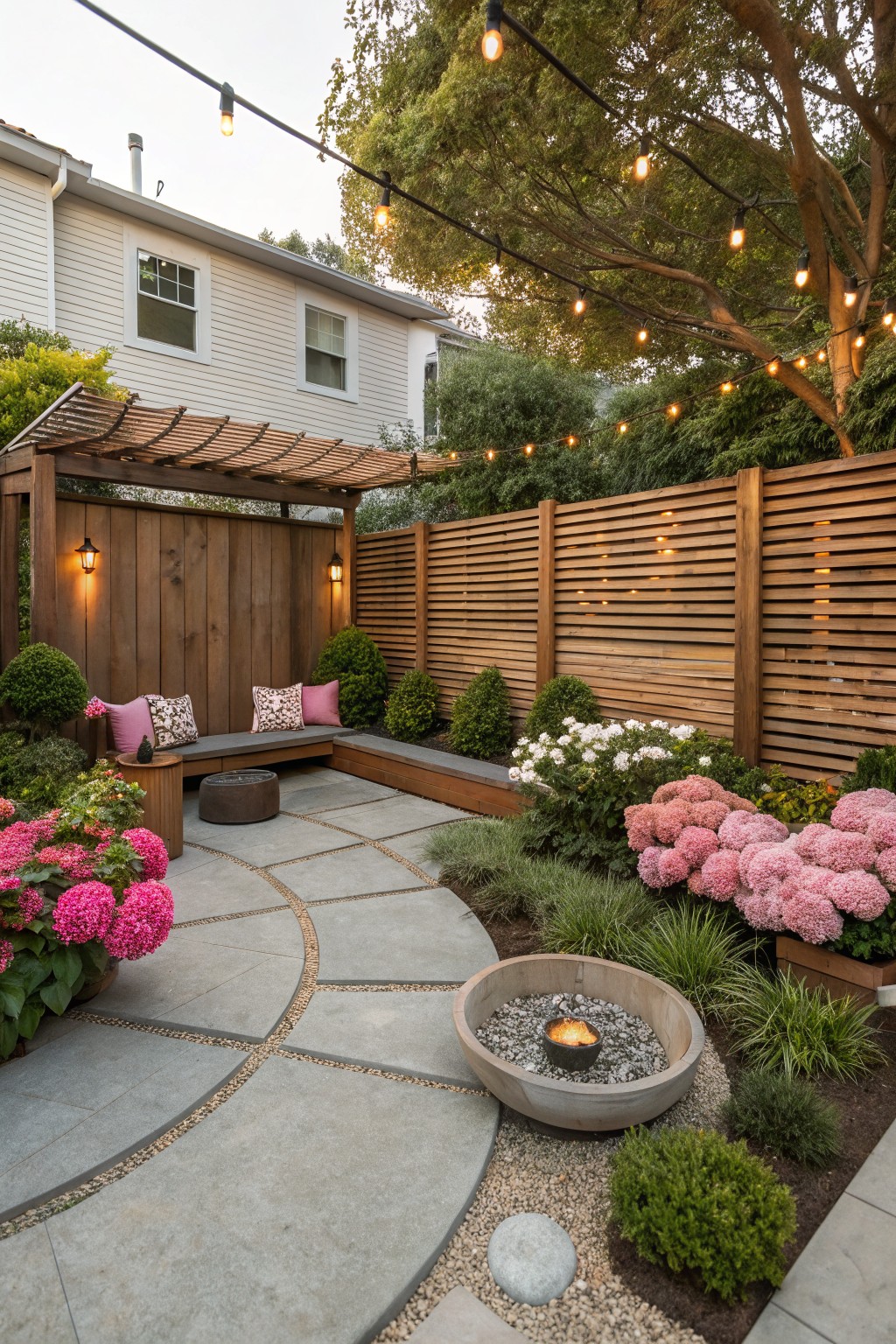 Wooden pergola-covered outdoor seating area with L-shaped gray concrete bench, small wood side table, concrete bowl fire pit on curved stone paver path, surrounded by pink and white hydrangea-like shrubs, boxwoods, wooden slat fence, and string lights in a backyard.