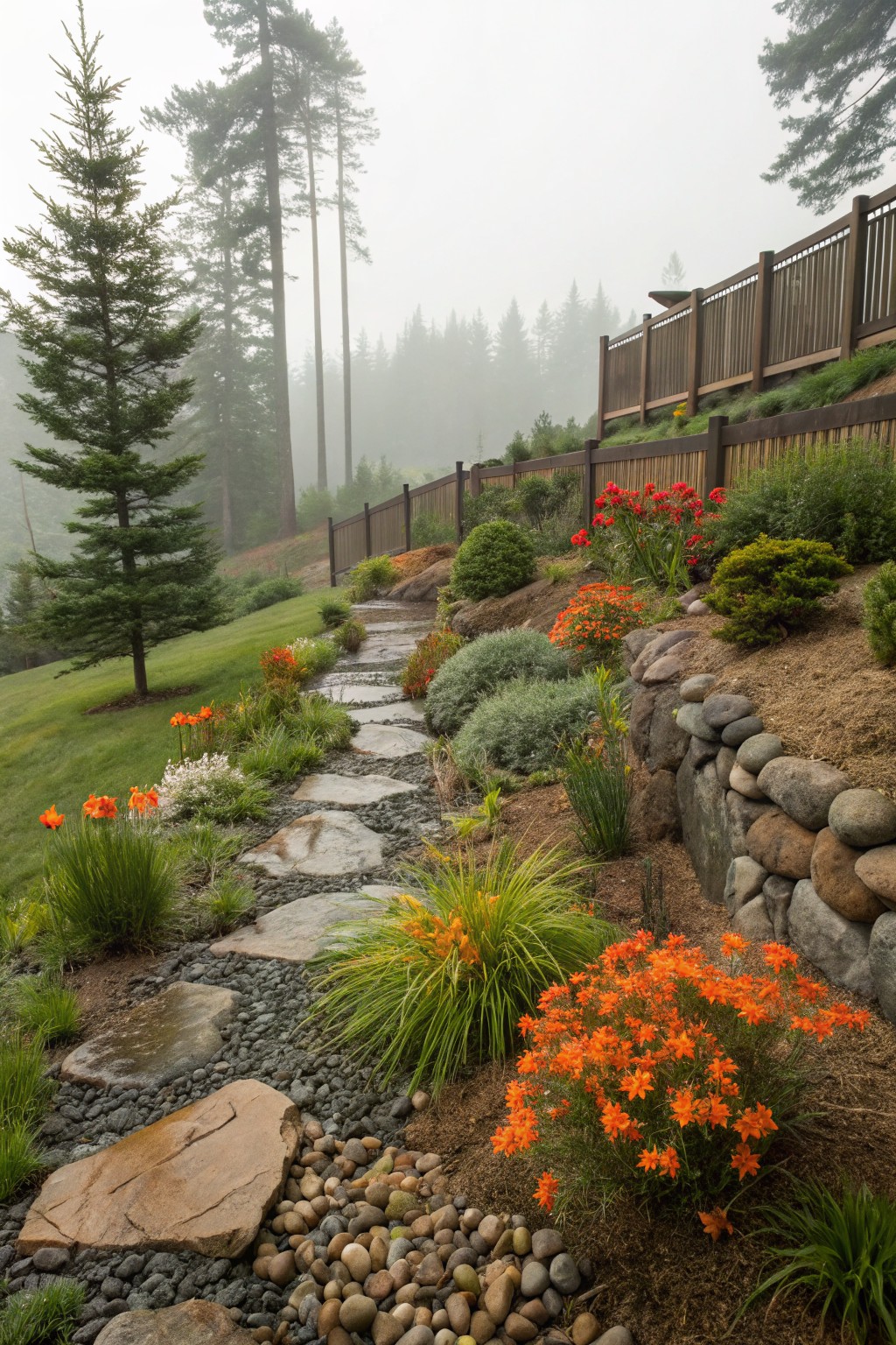 Misty woodland garden with a curving path of irregular flat stones winding through terraced beds of orange-flowering shrubs, grasses, and perennials beside a dry-stacked stone retaining wall, flanked by tall pine trees.