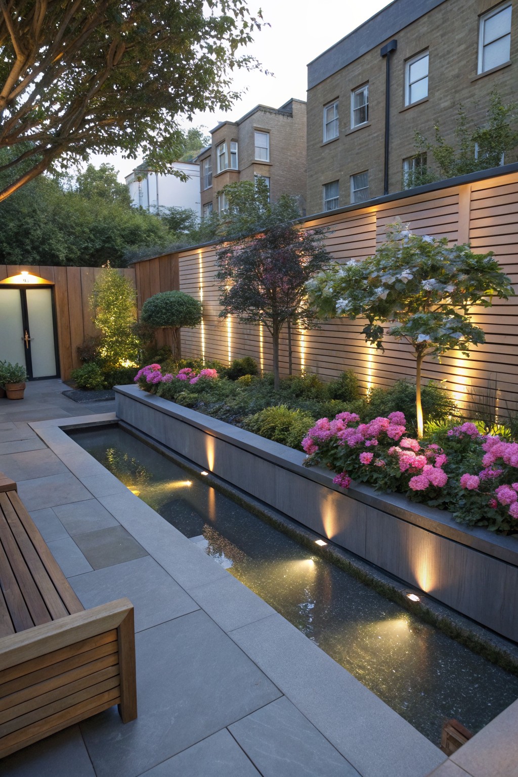 Narrow backyard garden featuring a linear concrete water channel with underwater lighting, edged by pink flowering shrubs and surrounded by trees, wooden slatted fencing, raised planters, and a wooden bench on gray stone paving.