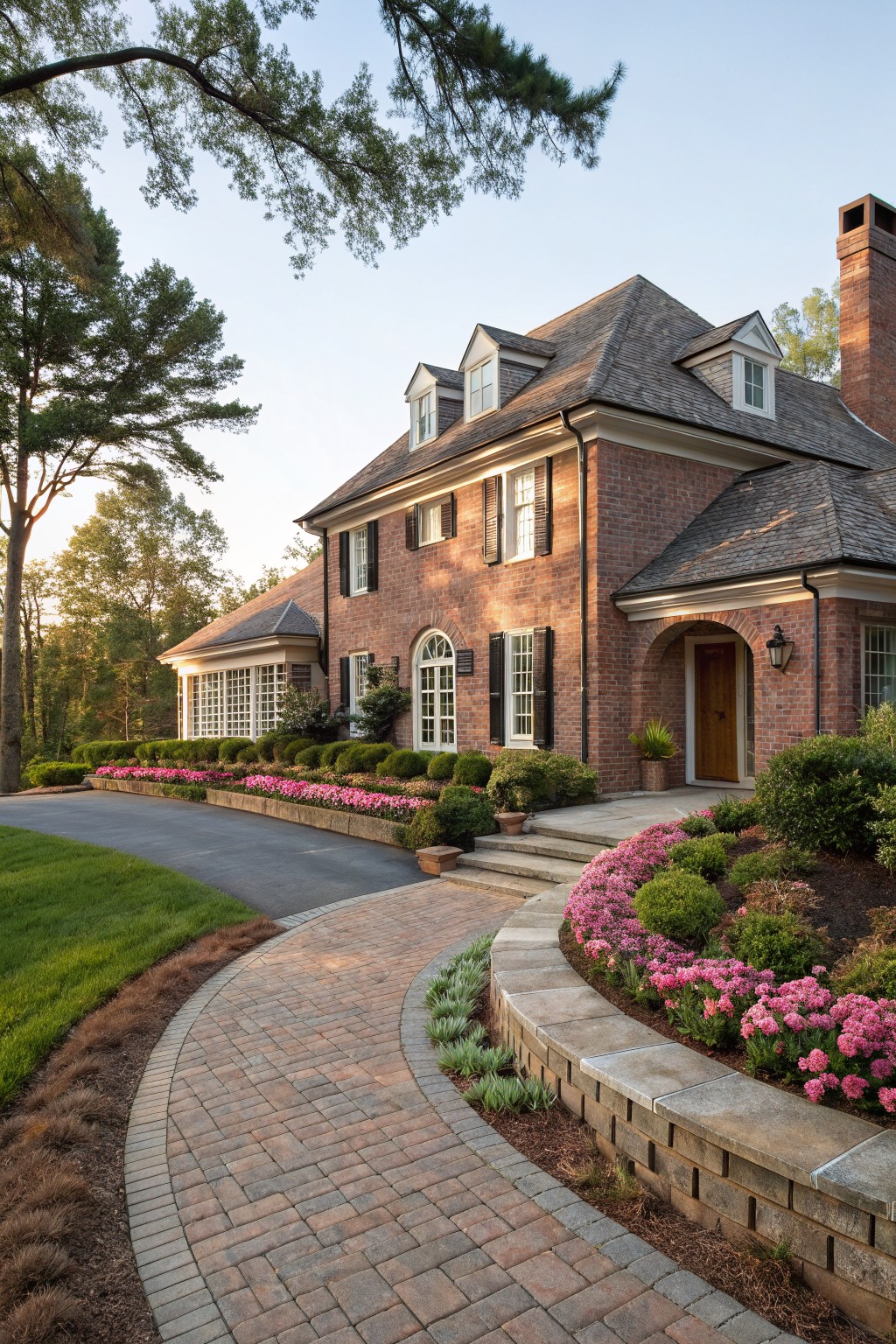 Two-story brick house with gabled roof and arched entry, shown from the side with a curved brick pathway bordered by raised stone beds of pink azaleas, shrubs, and grasses, next to a lawn and trees.
