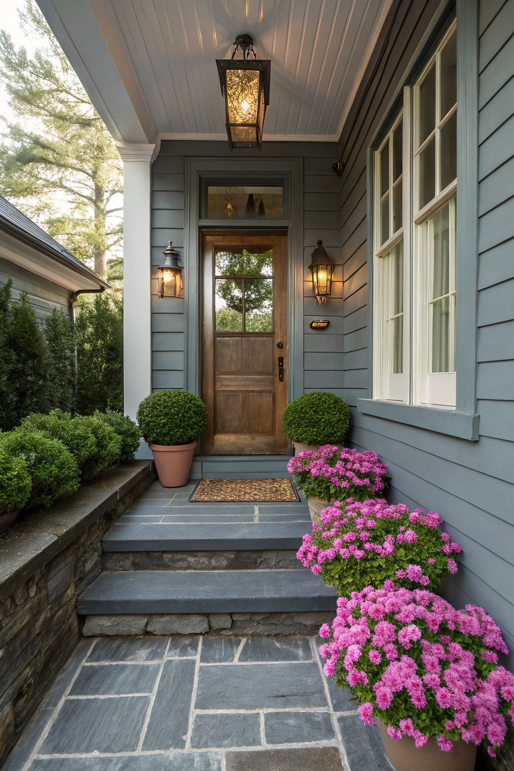 Gray shingle house entrance with wooden door, sidelights, lanterns, slate steps lined with pink azalea plants in terracotta pots, boxwood shrubs, and stone retaining wall.
